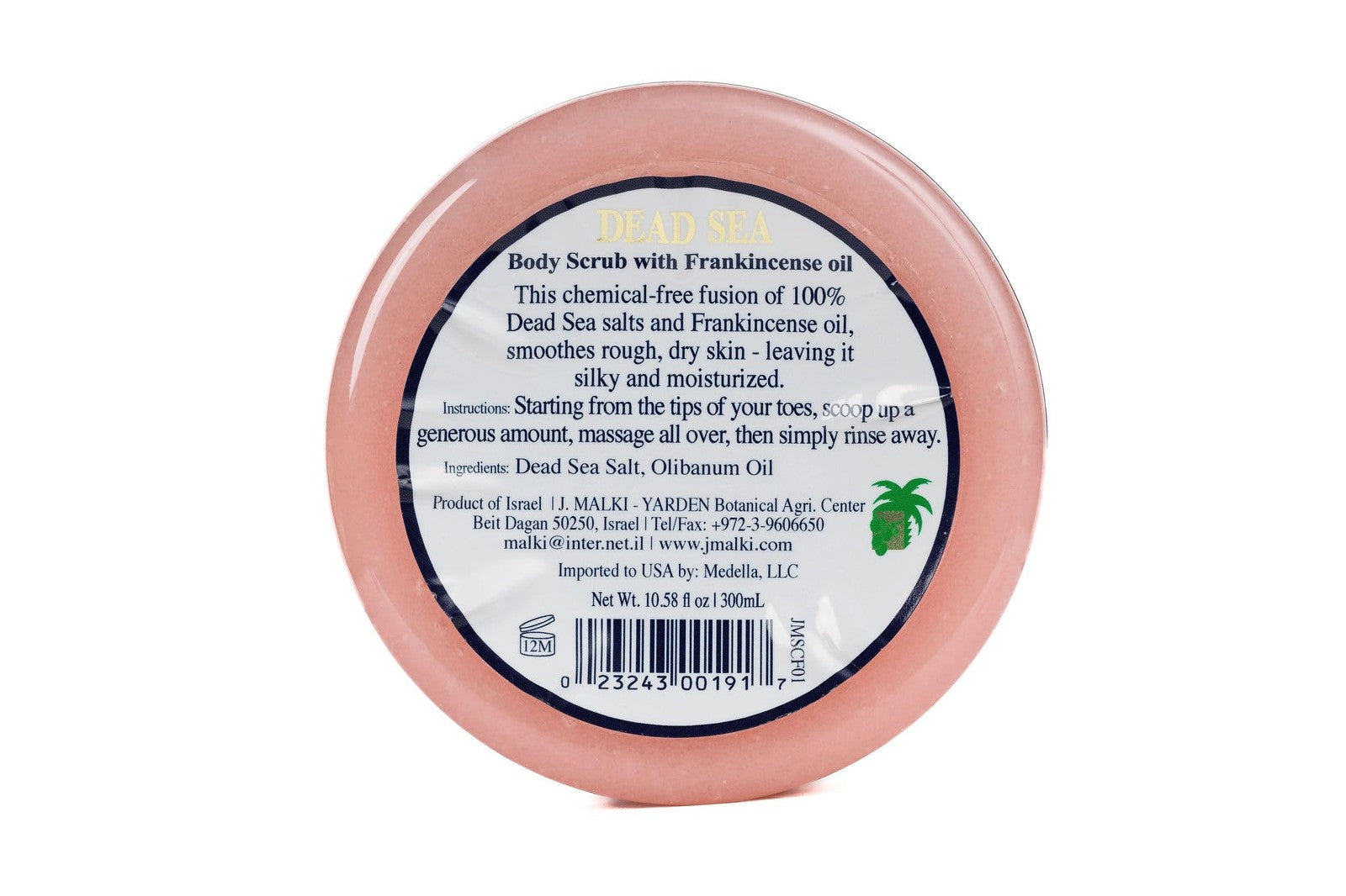 Jar of J. Malki Dead Sea Salt Body Scrub infused with frankincense, showing the textured scrub with natural ingredients.