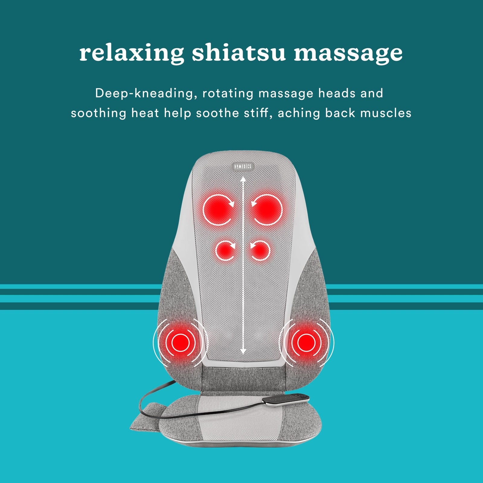 Homedics Shiatsu kneading massage cushion with heat feature, showing the back of the cushion with rotating massage nodes and heating elements.