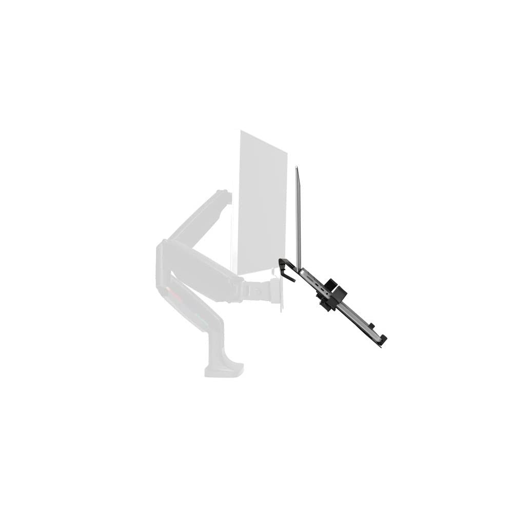 Kensington laptop holder for VESA-mount monitor arms, black, with adjustable tray and secure mounting features.