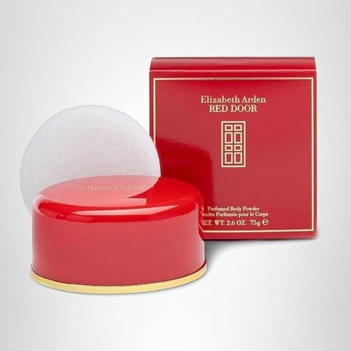Elizabeth Arden Red Door perfumed body powder in a 5.3oz jar, with a soft, elegant packaging and a classic floral fragrance.