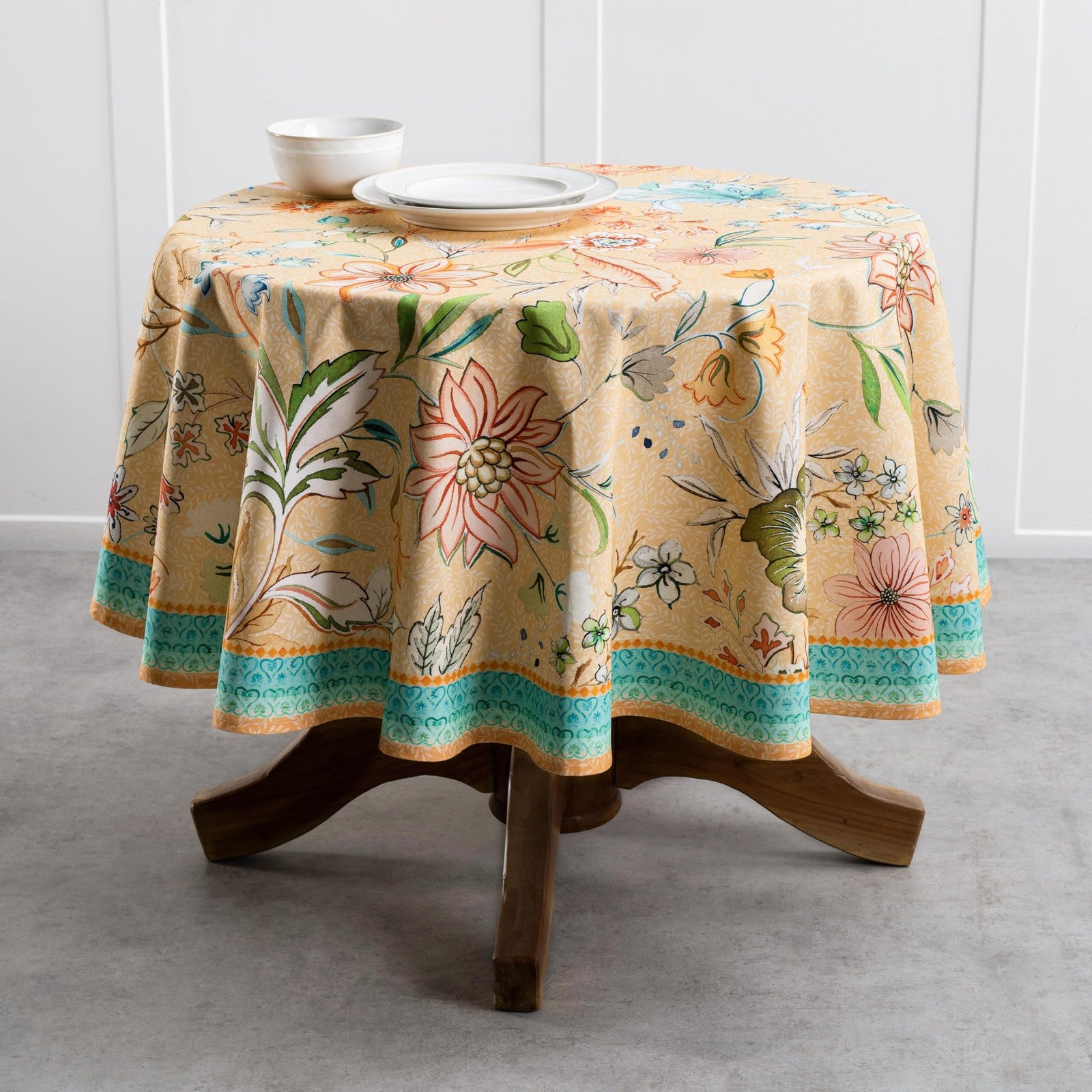 Maison d'Hermine round cotton tablecloth, 63-inch diameter, with intricate floral pattern, perfect for elegant dining tables.