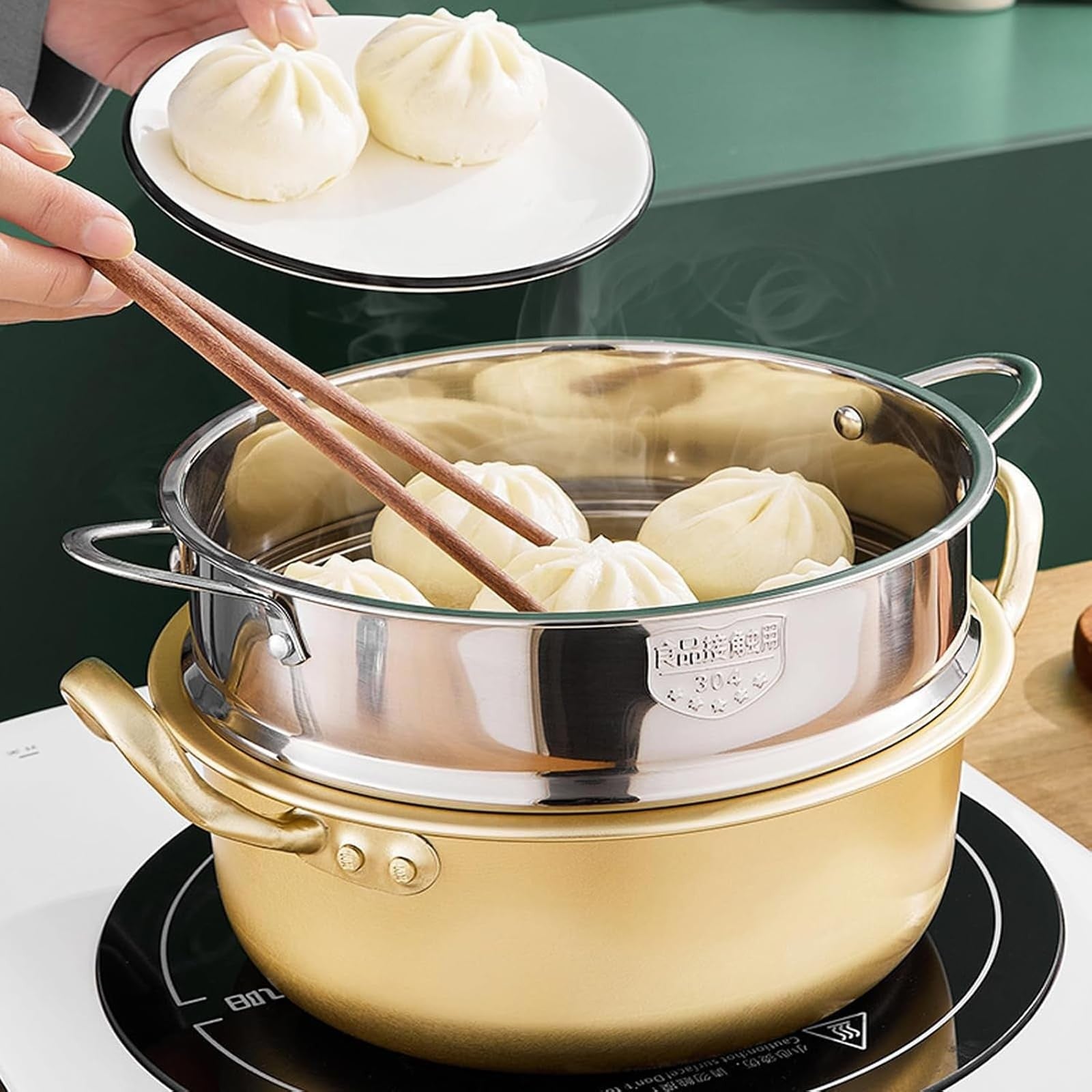 BinaryABC stainless steel dumpling steamer basket for pots, 26cm steamer insert with perforated design for steaming dumplings and vegetables