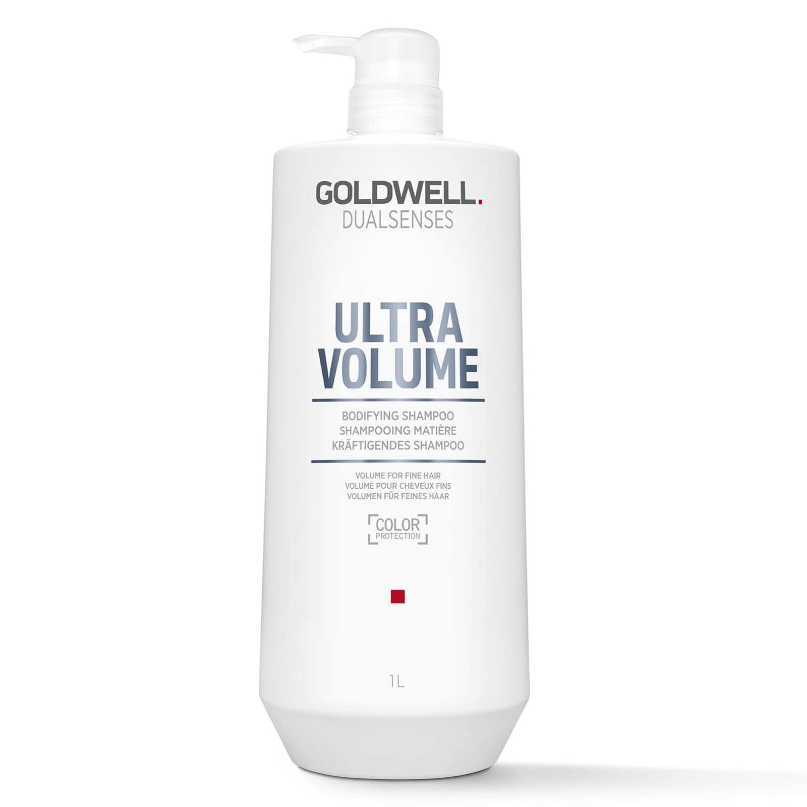 Goldwell Dualsenses Ultra Volume Bodifying Shampoo bottle, 1L size, with gold and white packaging design visible.