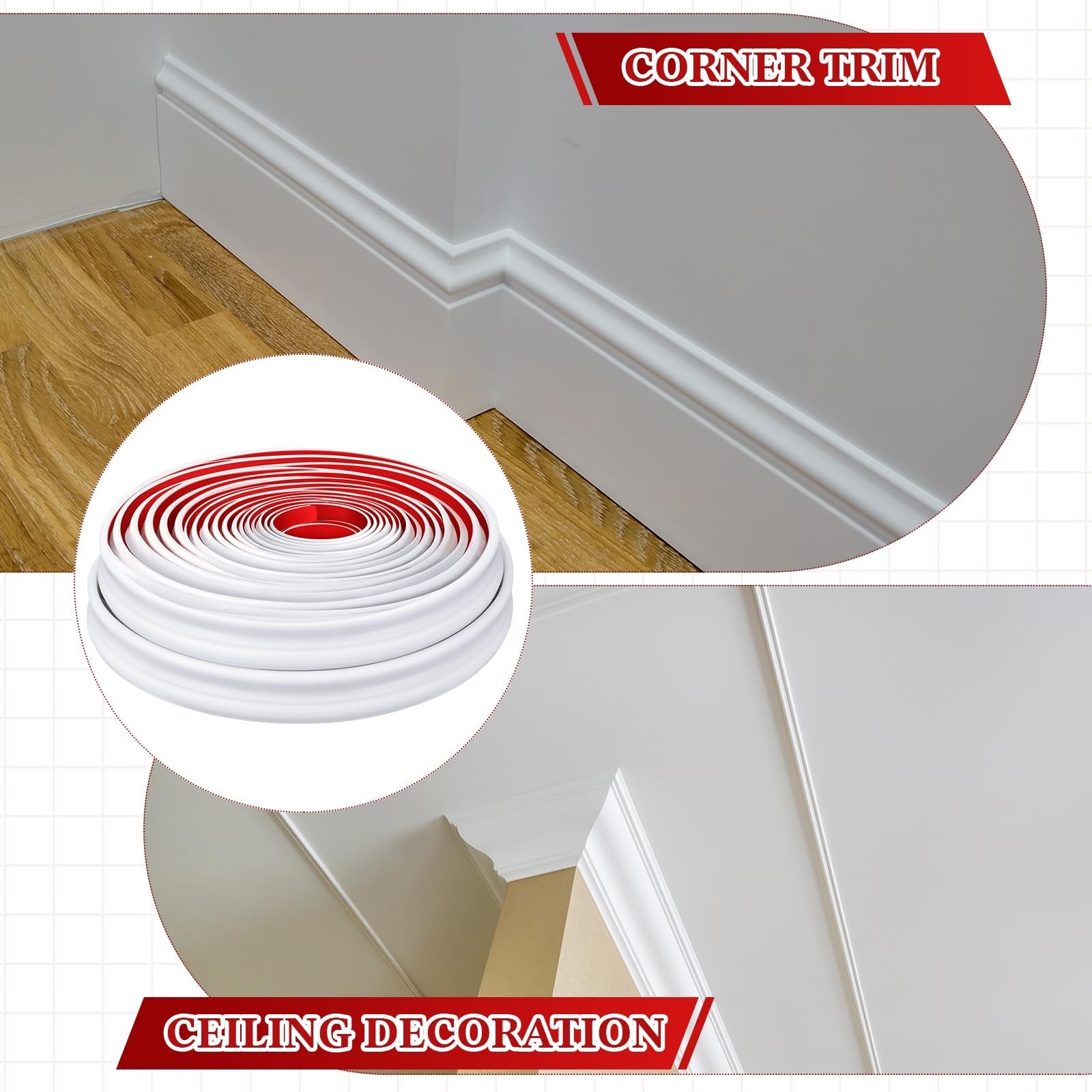 Innconee flexible peel and stick wall and base molding trim, 32.8 feet long, 1.25 inches wide, for easy wall decoration