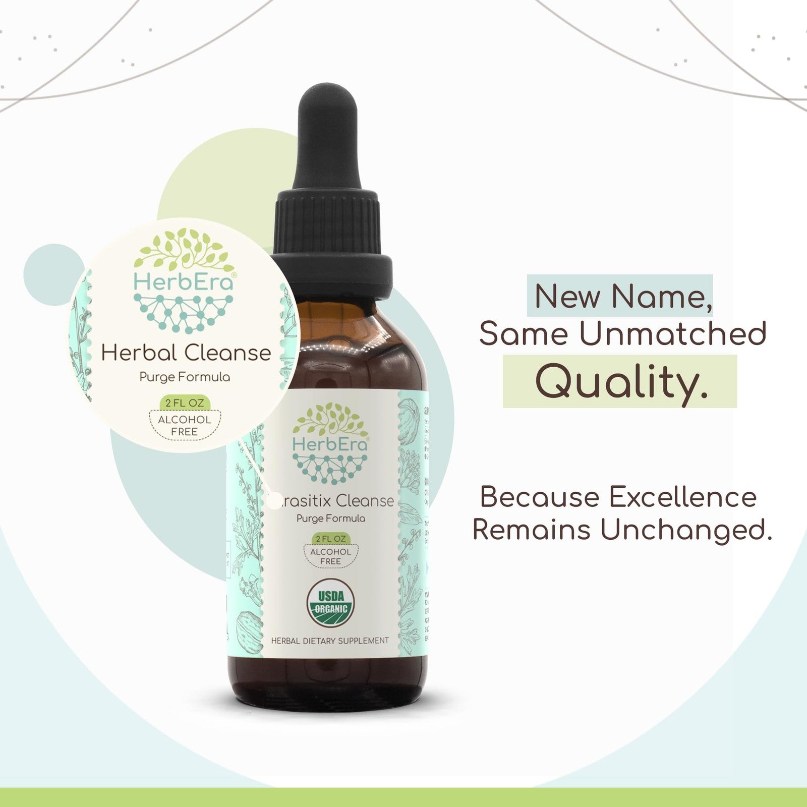 HerbEra Organic Herbal Cleanse Tincture with wormwood and black walnut, featuring herbal ingredients in a glass dropper bottle.
