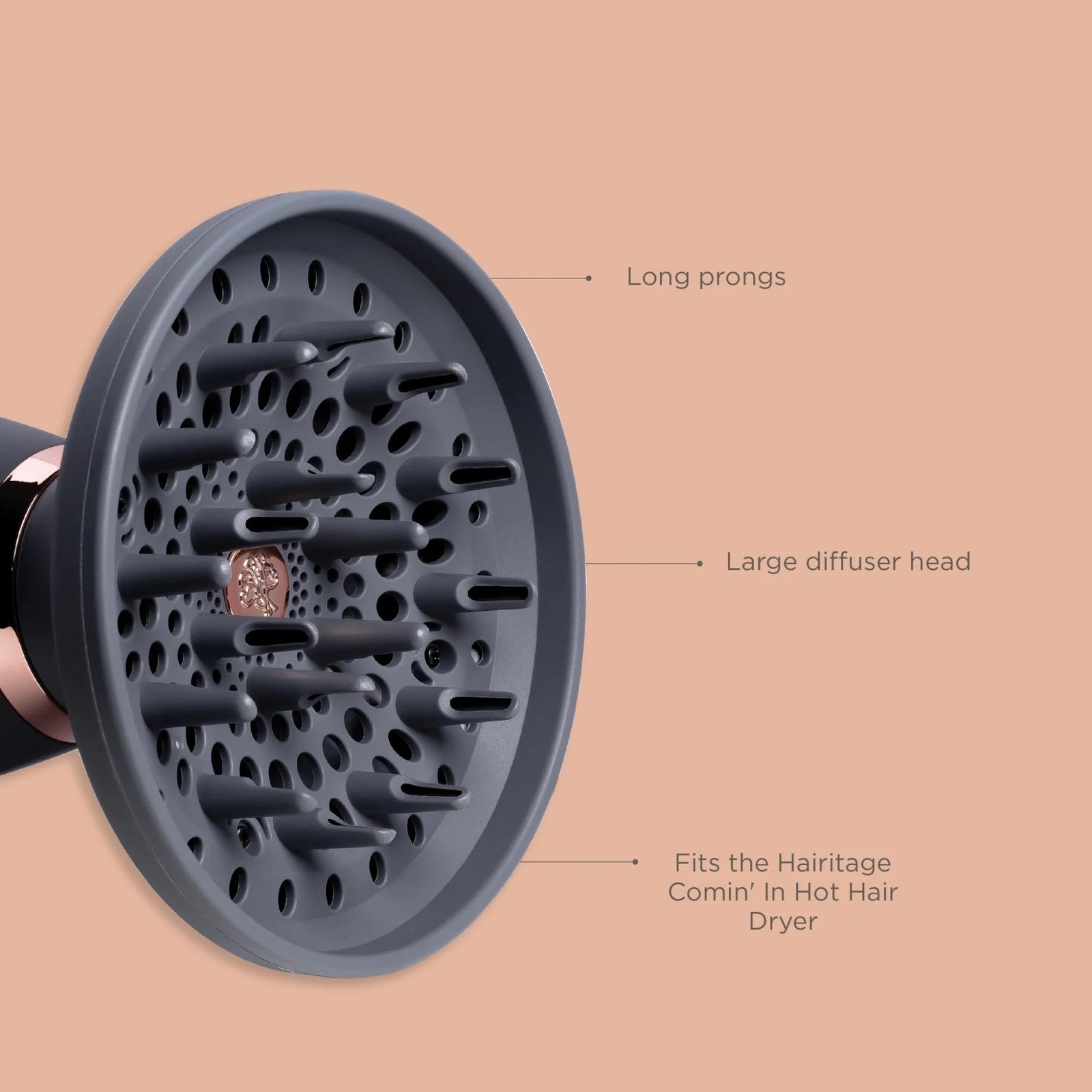 Hairitage Ionic hair blow dryer with diffuser and concentrator attachments, showcasing sleek black design and multiple styling accessories.