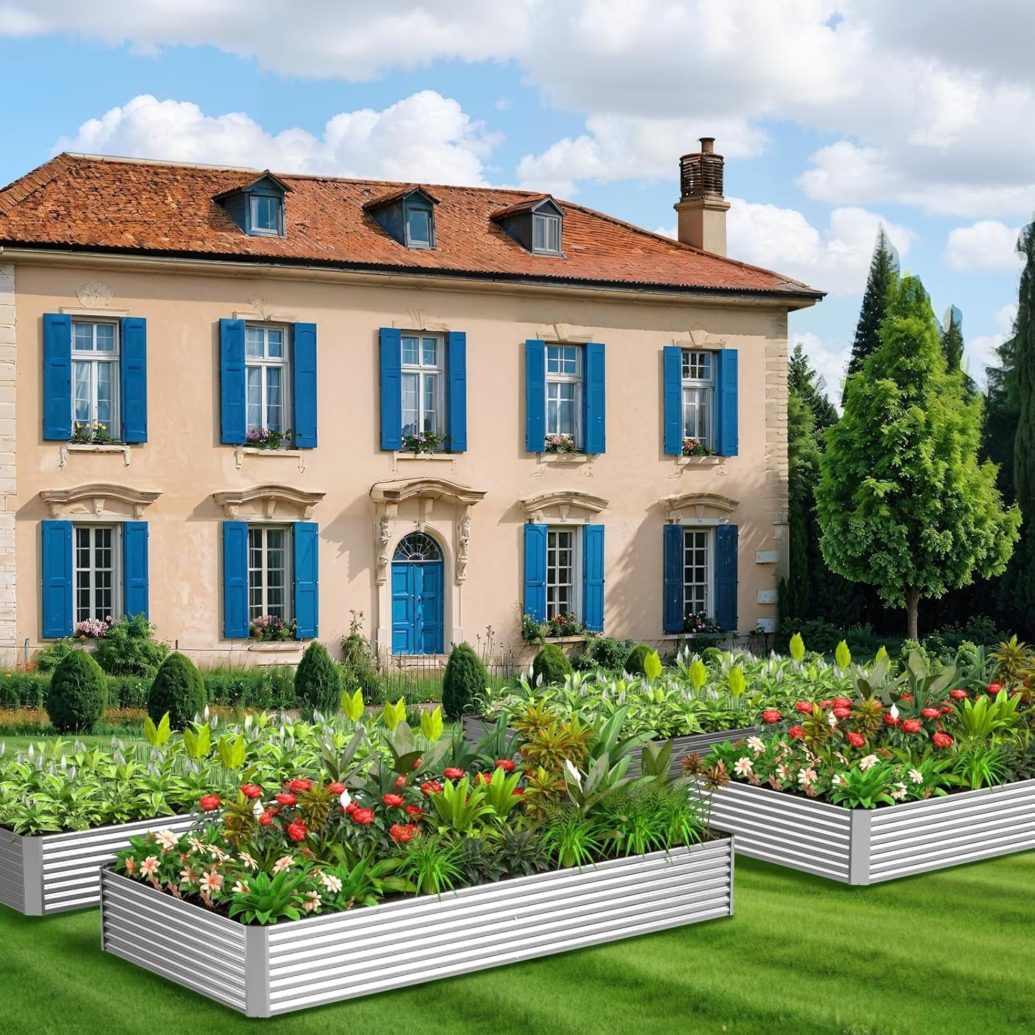 Set of four galvanized raised garden beds with a 4x2 foot size, ideal for outdoor above-ground gardening.