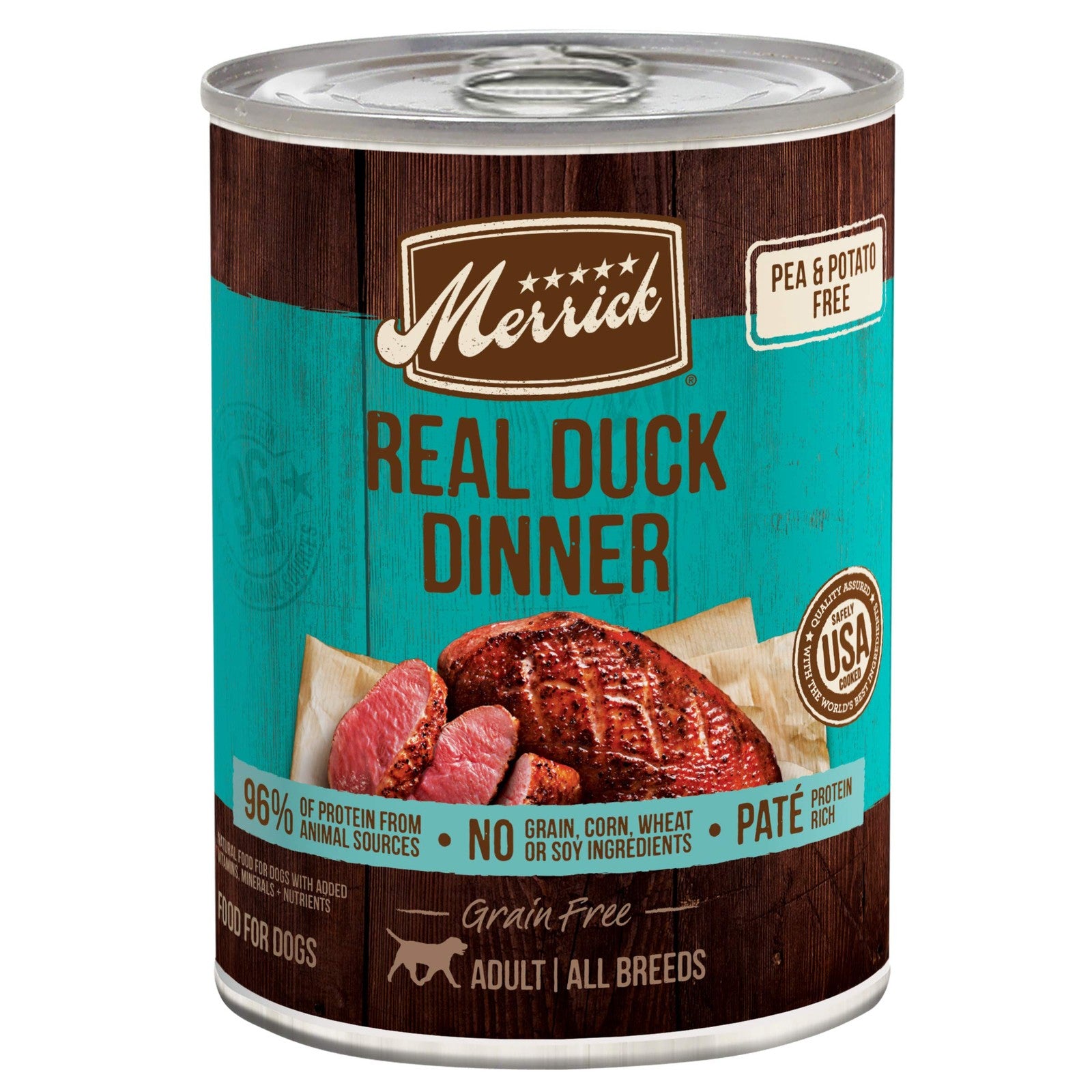 Canned Merrick Grain-Free Premium Dog Food with soft, healthy, natural ingredients in a colorful can.