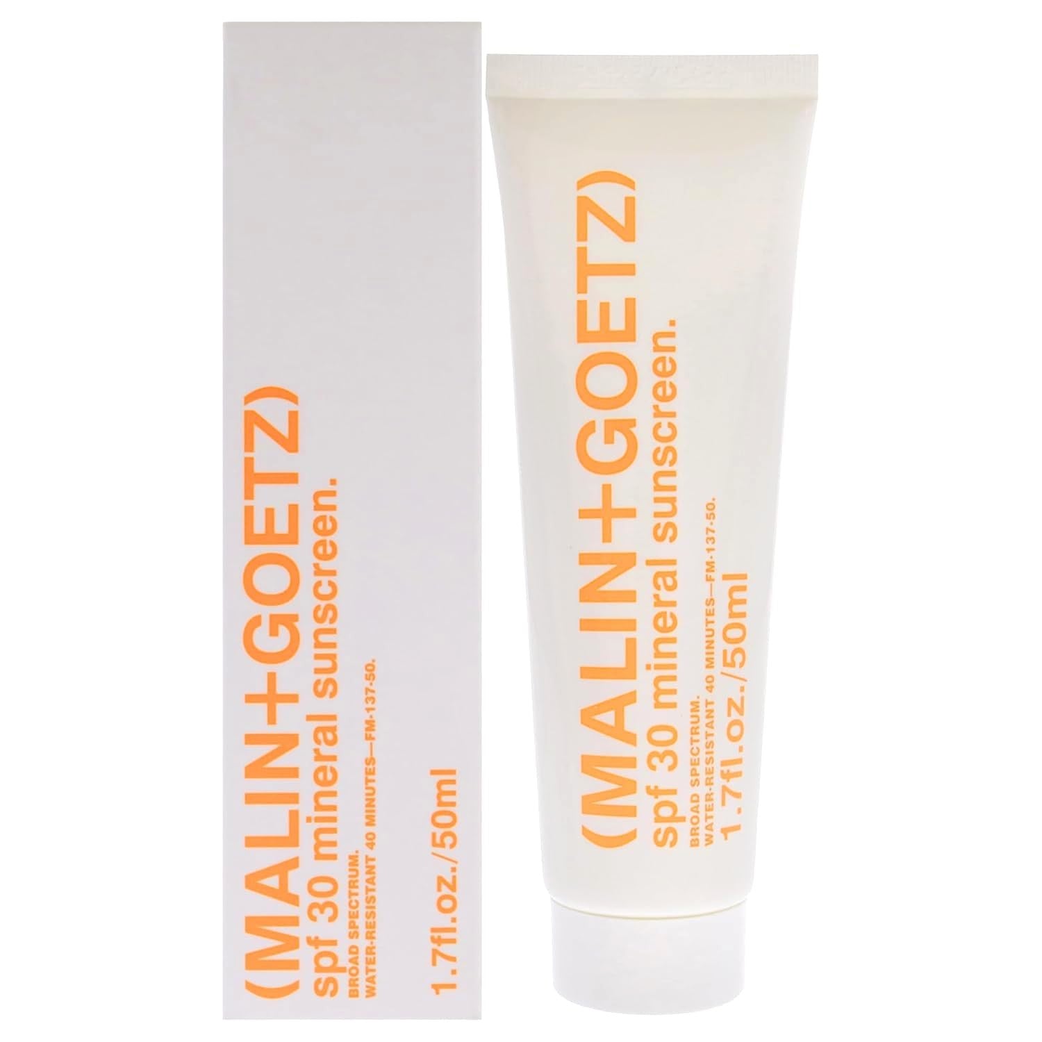 MALIN+GOETZ SPF 30 Mineral Sunscreen for face and body, broad spectrum sun protection, smooth cream texture on skin