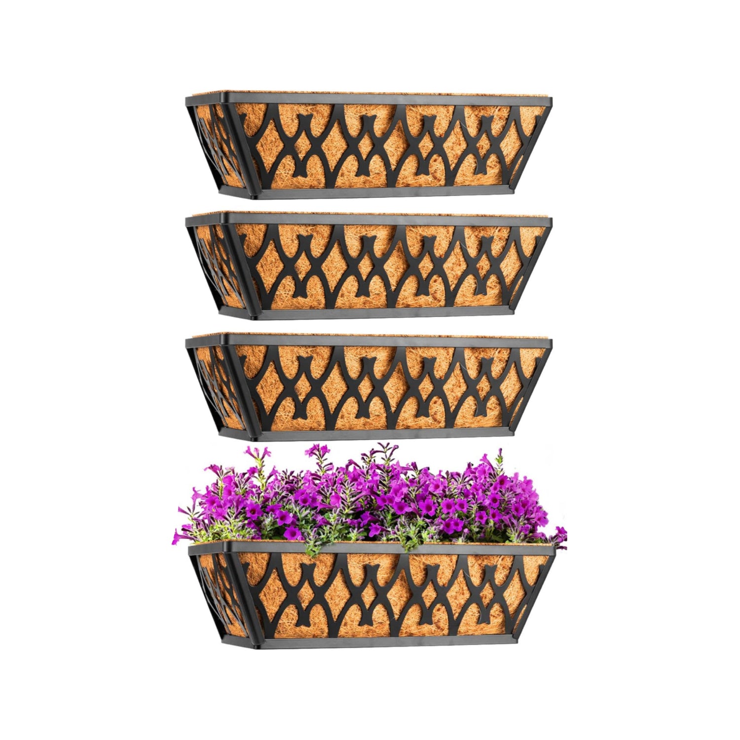 Karlliu 4-pack 14-inch outdoor window and railing planter boxes with coco liners, hanging garden containers for patio or balcony.