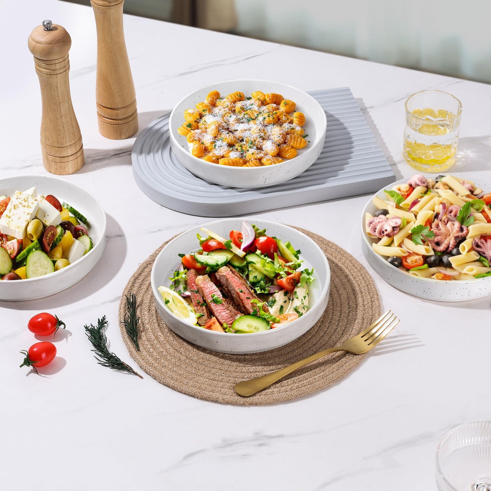 Set of four E-far 30oz pasta bowls with shallow design, 8.25-inch salad and dinner serving bowls, ceramic tableware.