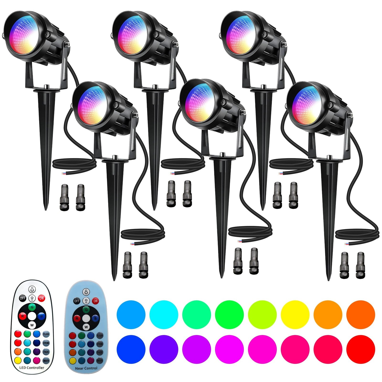 UPONELED 12W RGBW outdoor landscape spotlights illuminating a yard with colorful LED lighting for Christmas decoration.