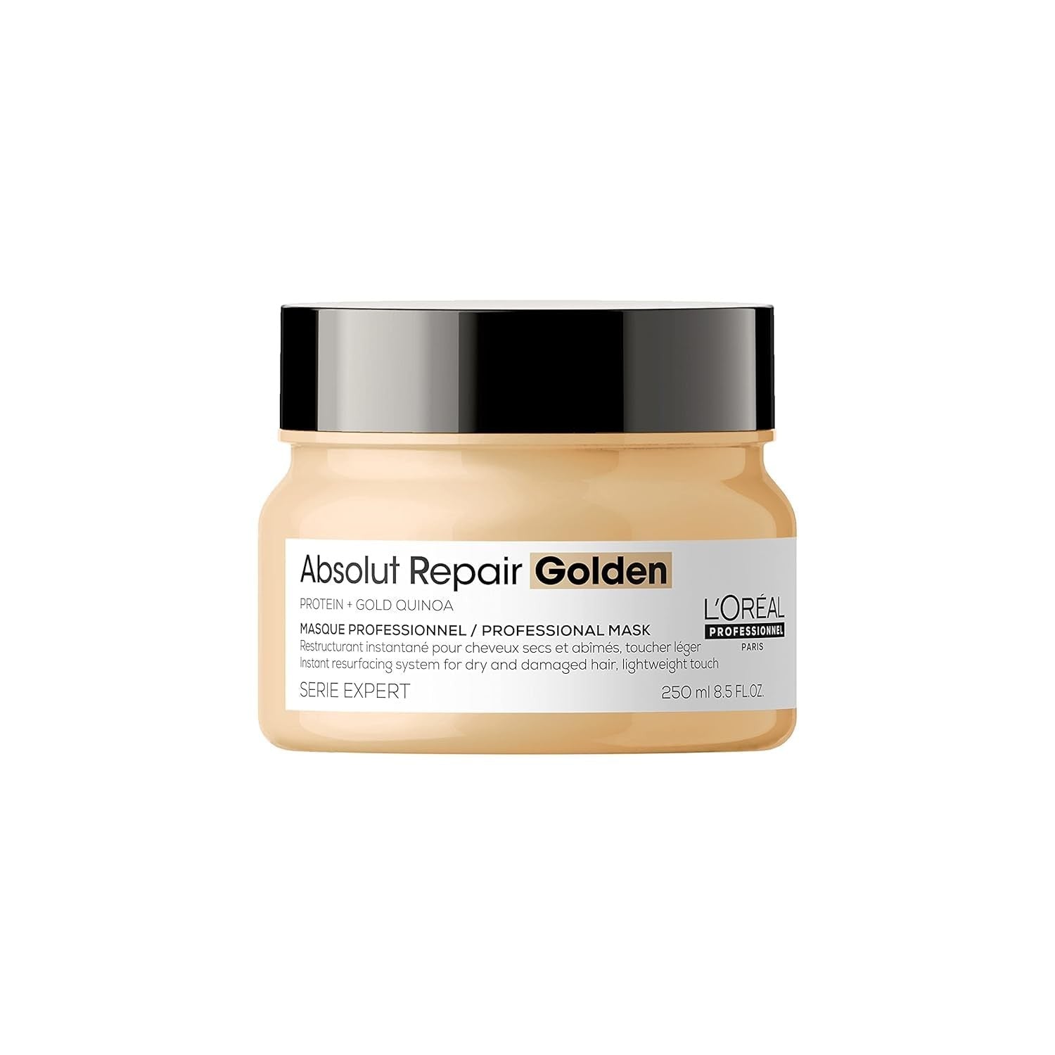 L'Oréal Professionnel Absolut Repair Golden Mask for damaged hair, creamy hair treatment in a jar with gold accents.