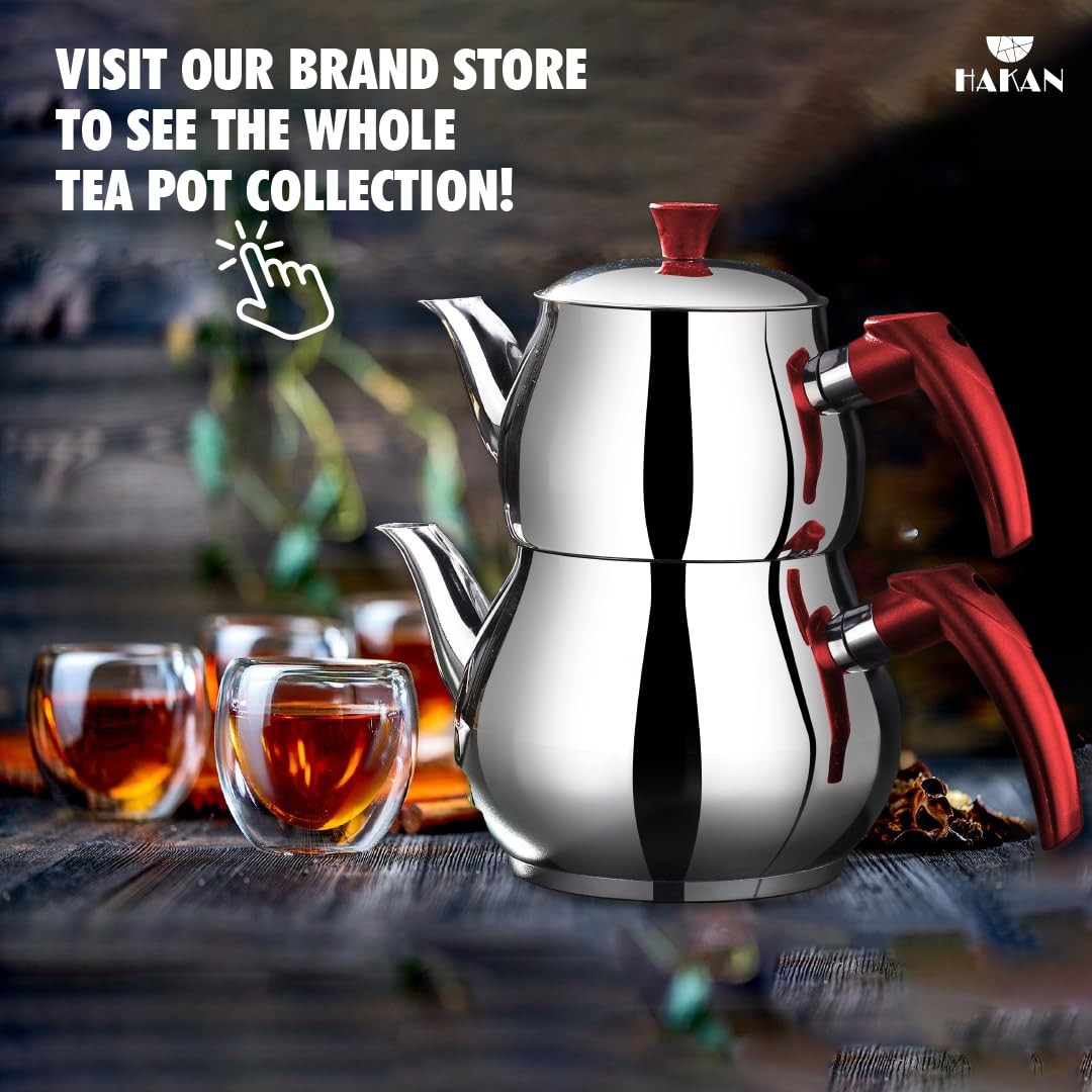 Hakan stainless steel teapot set with double lids and built-in strainer, 93 oz capacity, featuring a sleek, modern design.