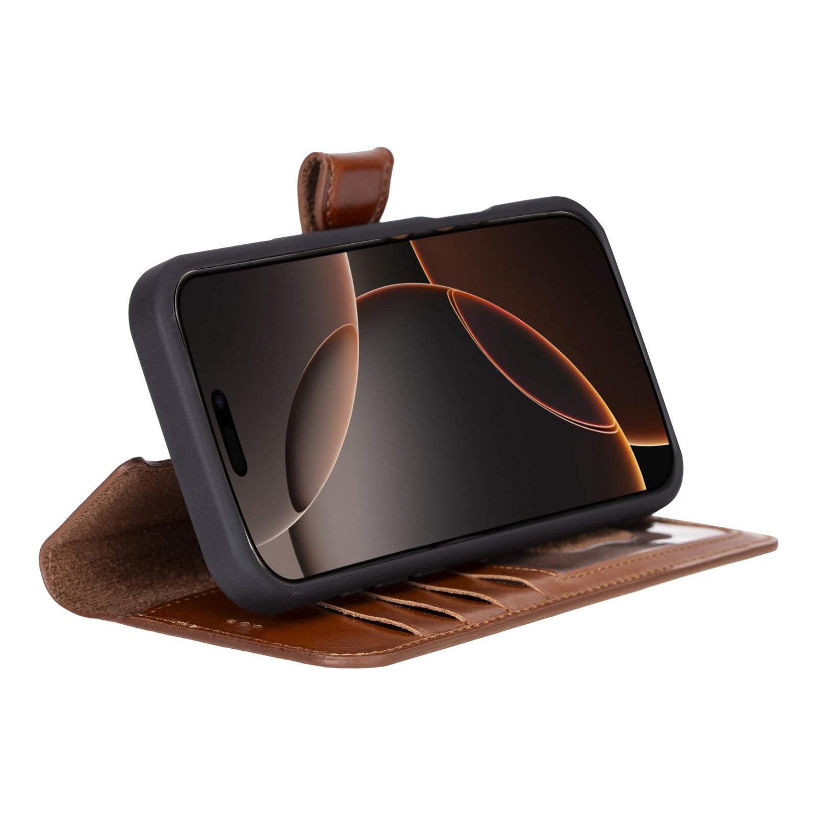 Bouletta iPhone 16 Pro case with wallet, MagSafe compatibility, kickstand, and impact-resistant design in black.