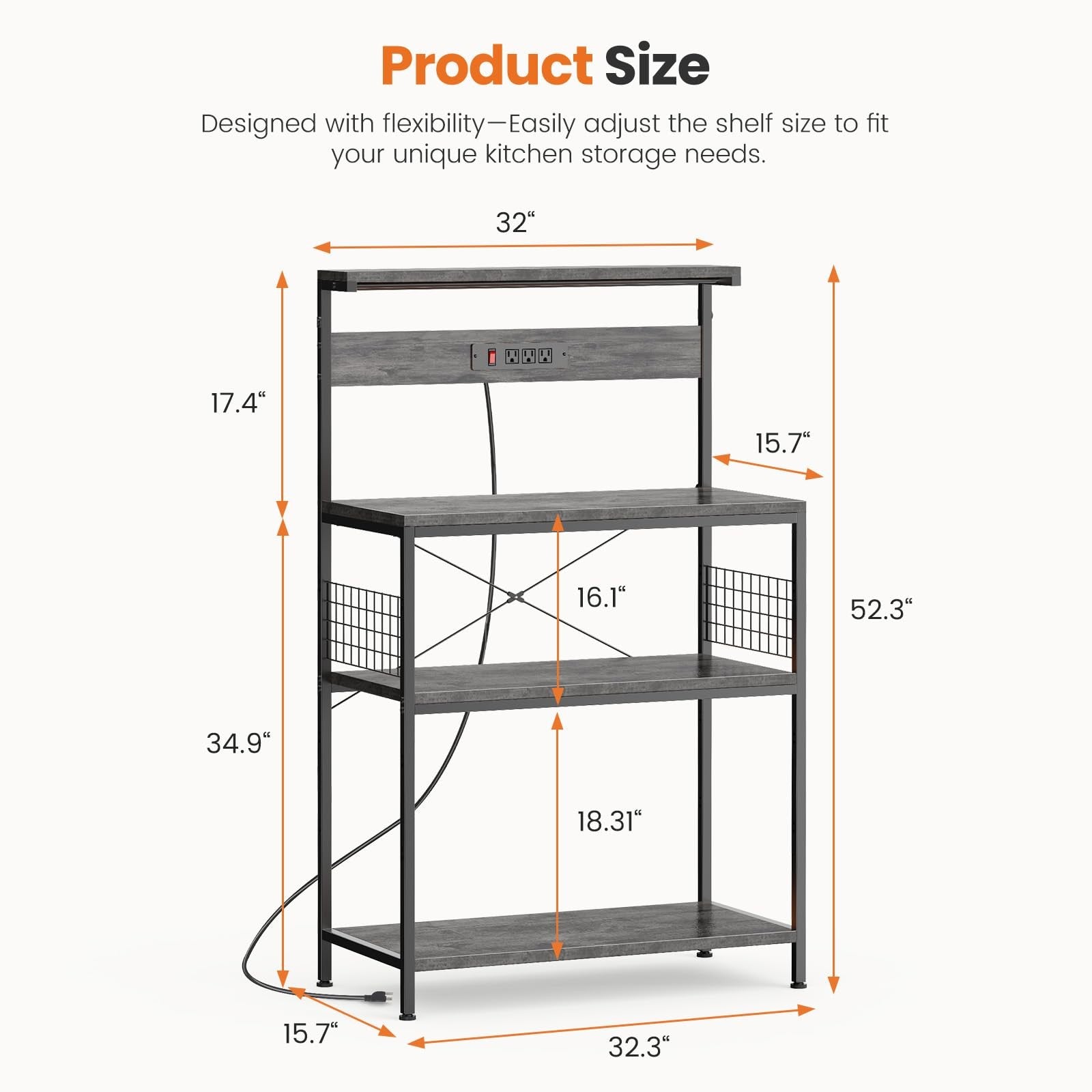 Sweetcrispy kitchen bakers rack with power outlet, four-tier coffee bar table and microwave stand in a modern kitchen setting.