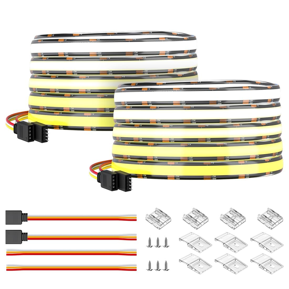 BTF-LIGHTING IP66 FCOB CCT COB LED strip, tunable 2700K-6500K, DC12V, 2x16.4ft, outdoor compatible lighting strip