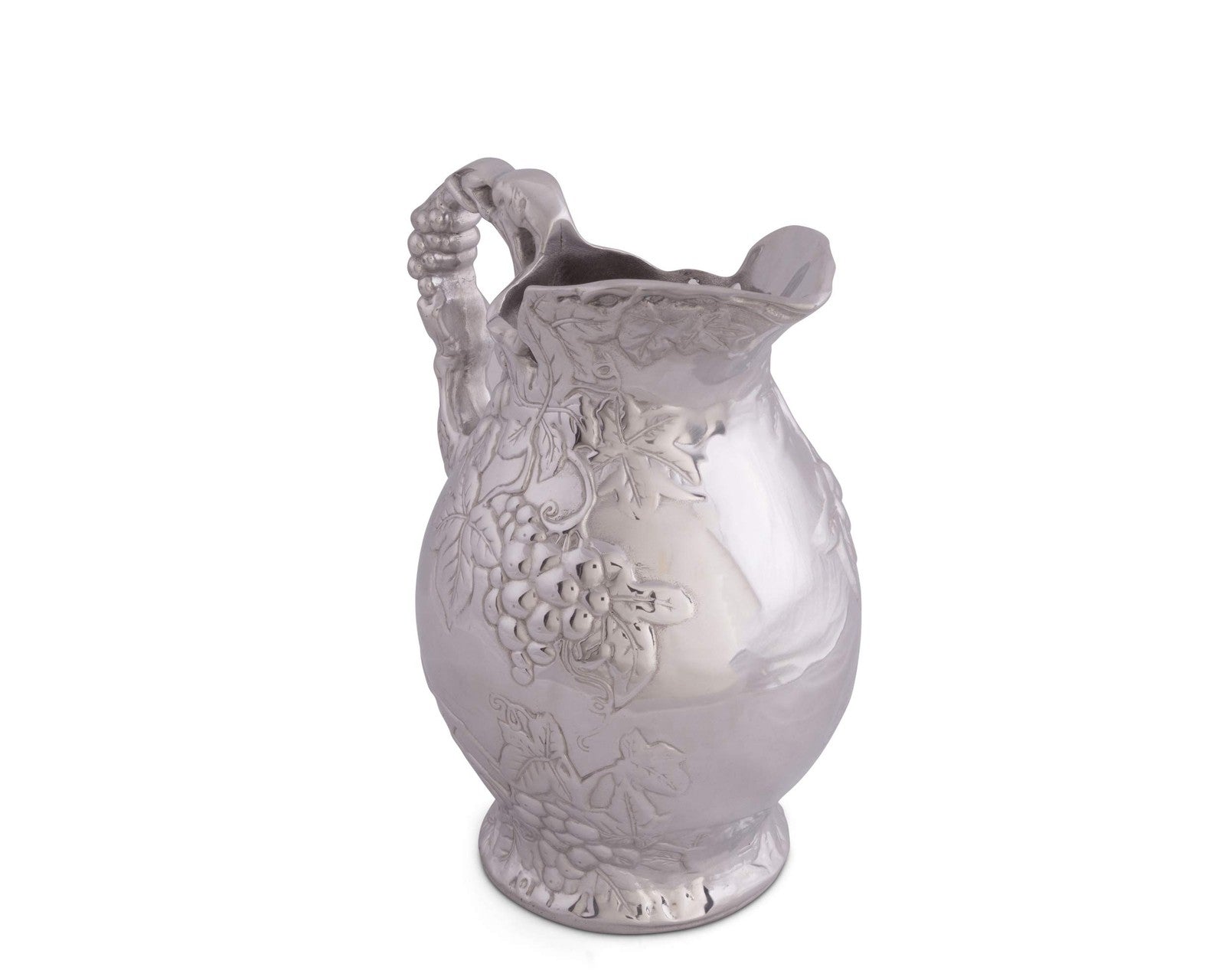 Arthur Court metal vineyard pitcher with grape pattern, sand-cast aluminum design featuring a decorative grape motif.