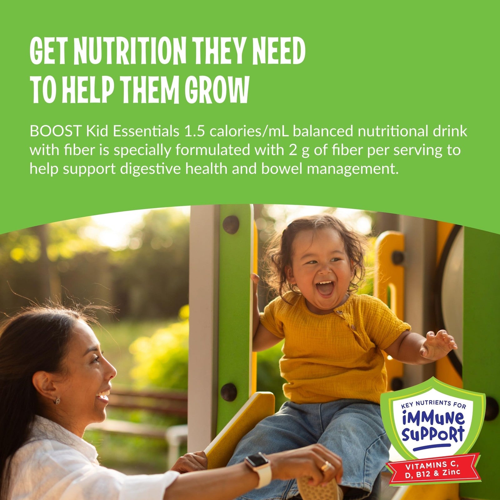 Boost Kid Essentials 1.5 Vanilla Vortex nutritional drink with fiber, showing a glass filled with creamy vanilla-flavored beverage.