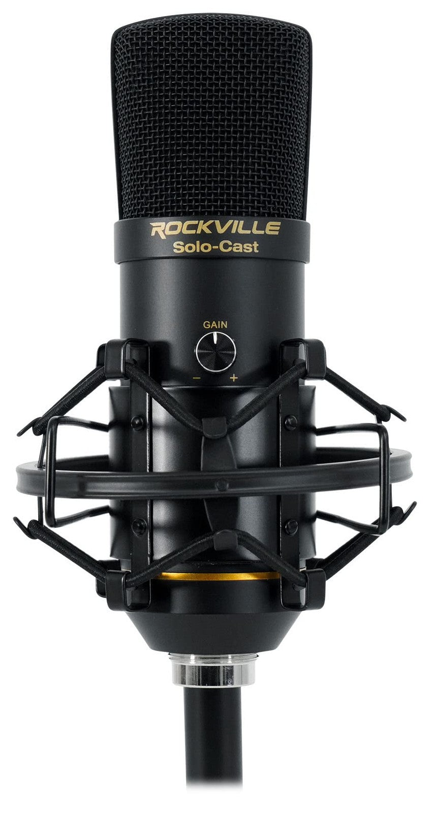 Rockville Solo-Cast USB condenser microphone with unidirectional capsule and built-in audio interface, ideal for streaming and recording.