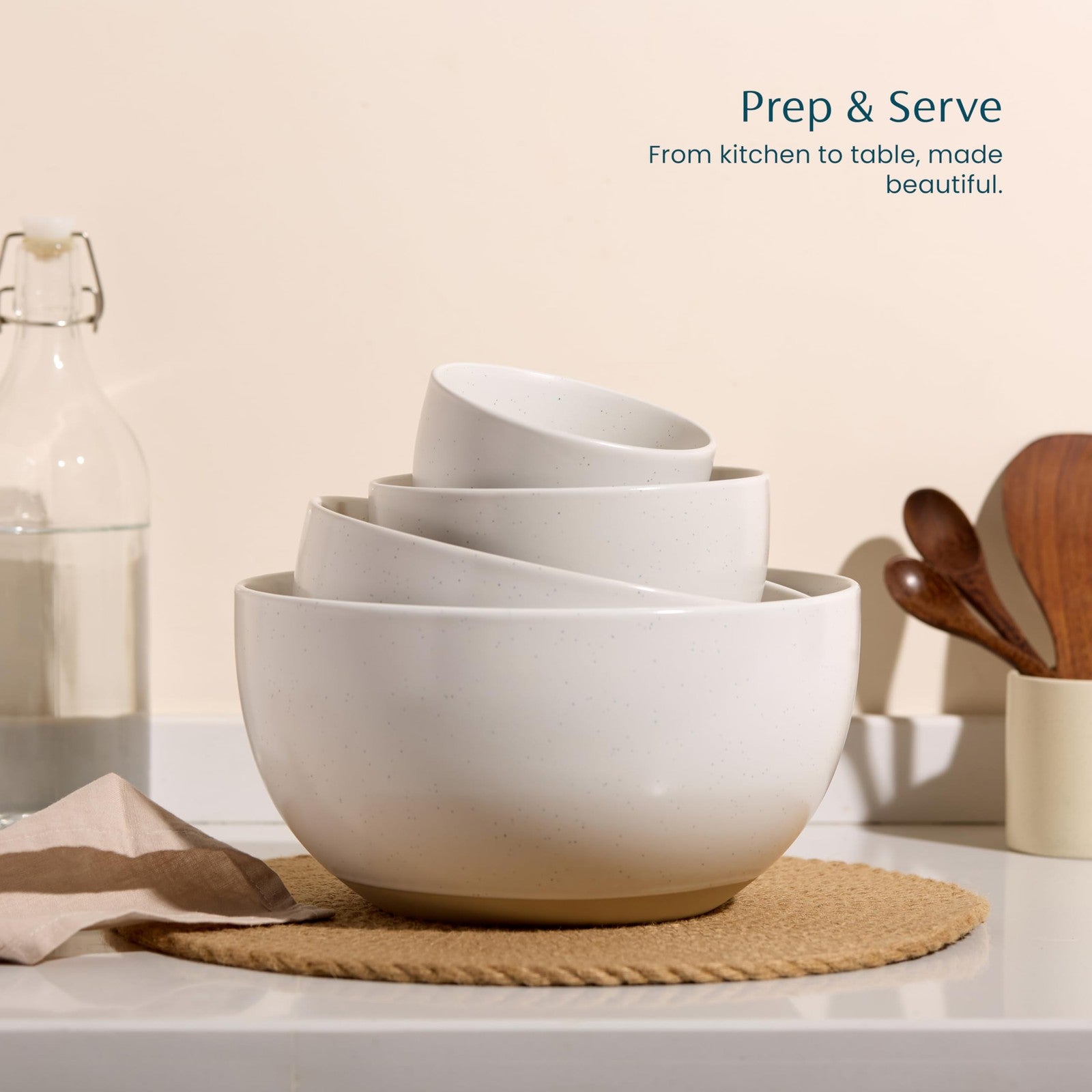 Set of KooK ceramic mixing bowls, nesting stoneware kitchen bowls for prep and cooking, with smooth, glazed surfaces.