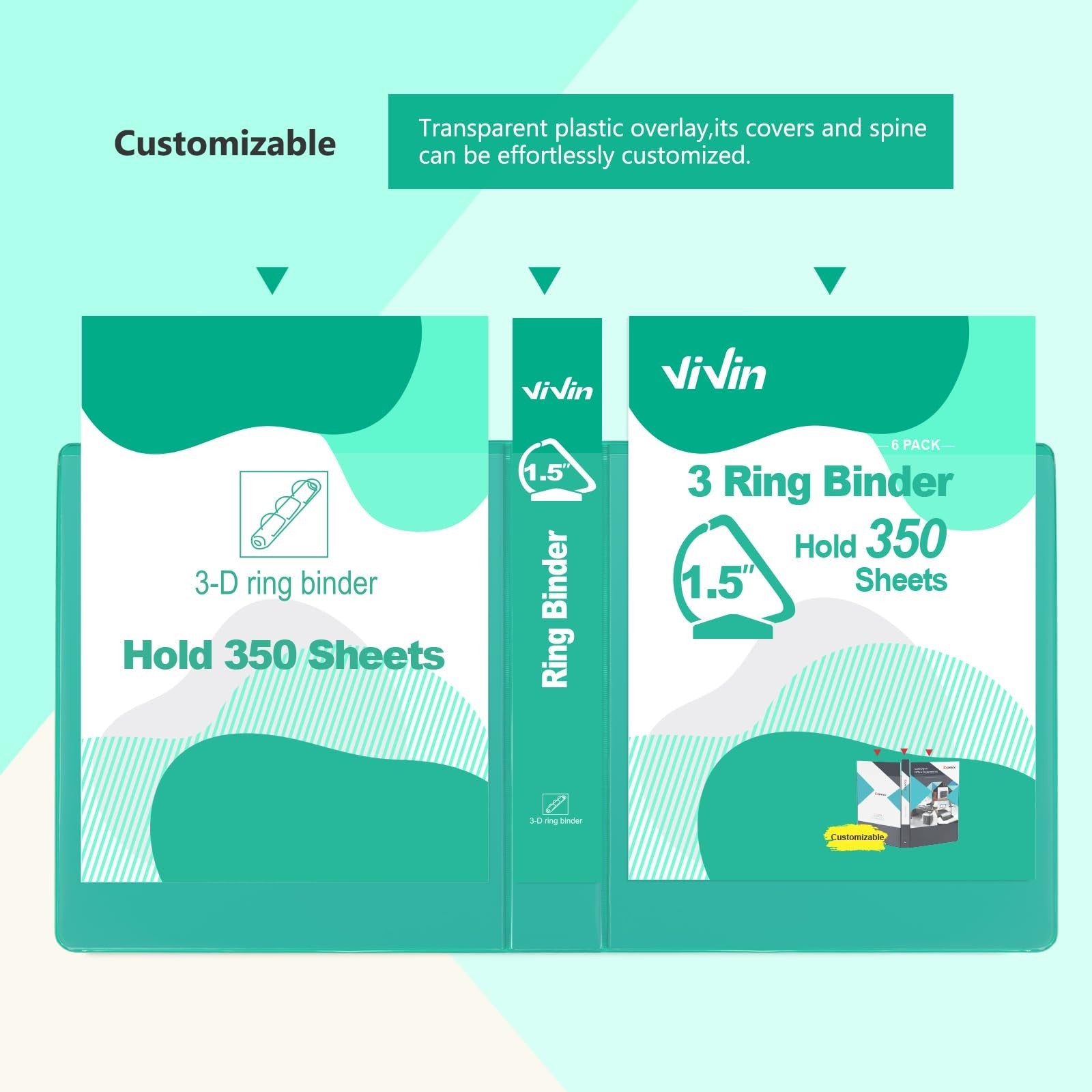 ViVin 1.5-inch PVC-free 3-ring binder with pockets and Slant-D rings, durable and customizable for organization.