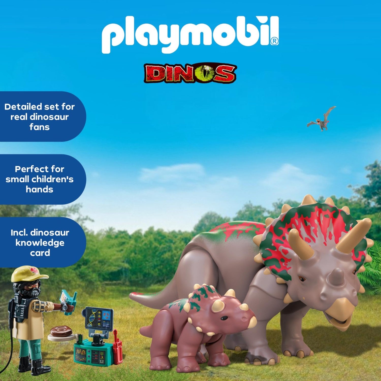 Playmobil Triceratops Family set with scientist figure and dinosaur egg, featuring detailed plastic toy figures and accessories.