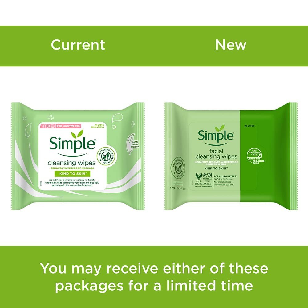 Simple Kind to Skin facial cleansing wipes pack showing six sets of 25 wipes each, with soft cloths and gentle skincare branding.