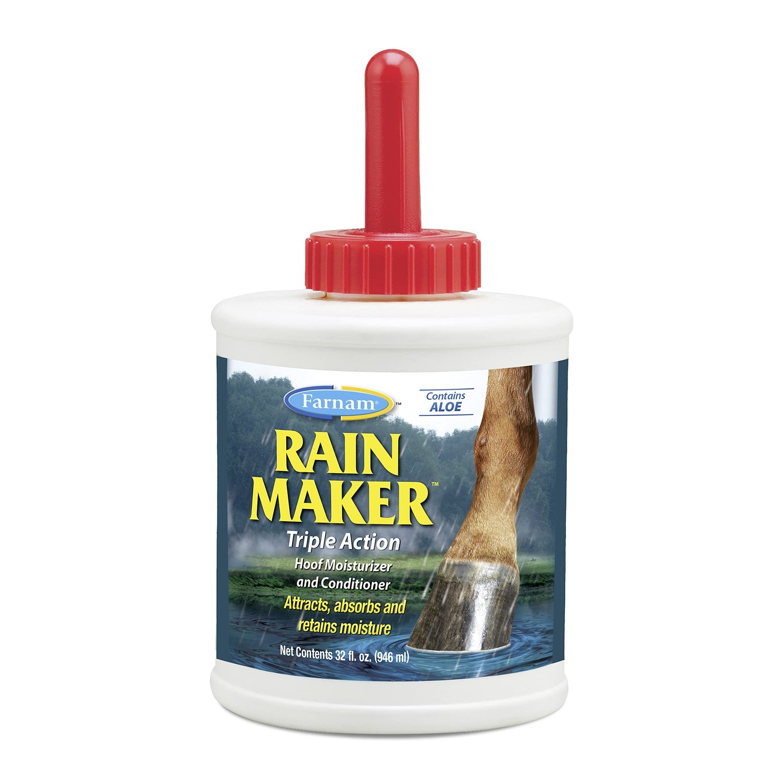 Farnam Rain Maker Triple Action Hoof Oil for horses in a 32 oz bottle, featuring a nozzle for easy application and moisturizing hooves.