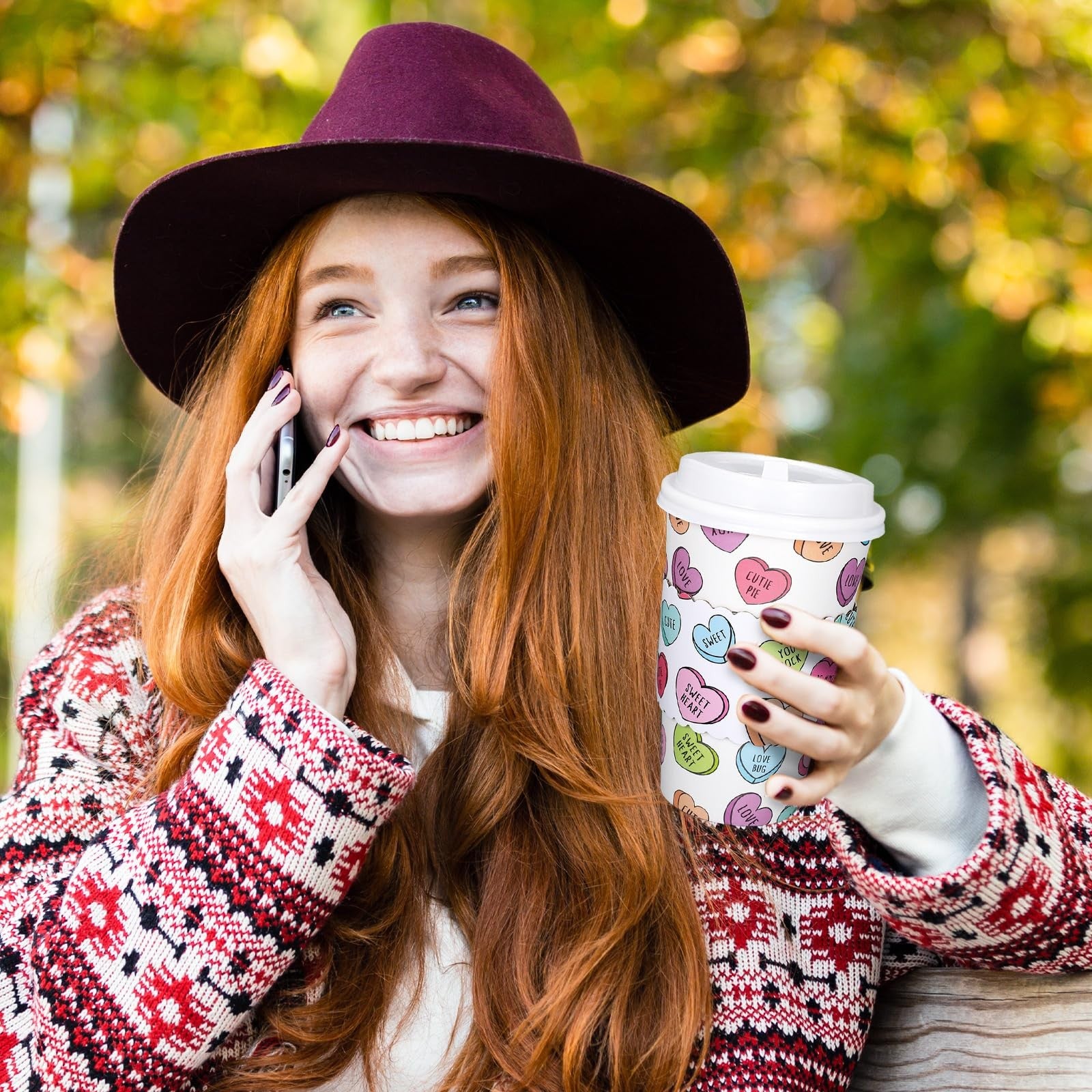 Whaline 50-pack colorful disposable coffee cups with lids and sleeves, ideal for Valentine's Day coffee serving.