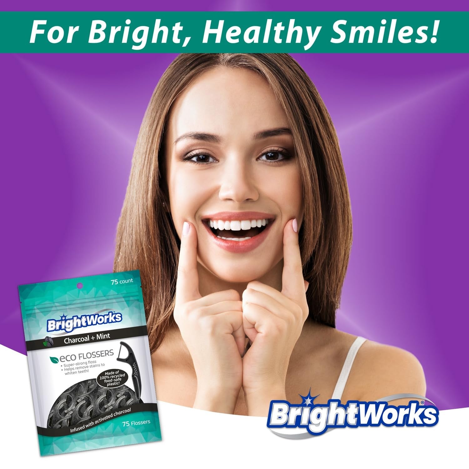 BrightWorks ECO sustainable floss picks in a pack of 225, PFAS-free, made in the USA, with a sleek design for oral hygiene.