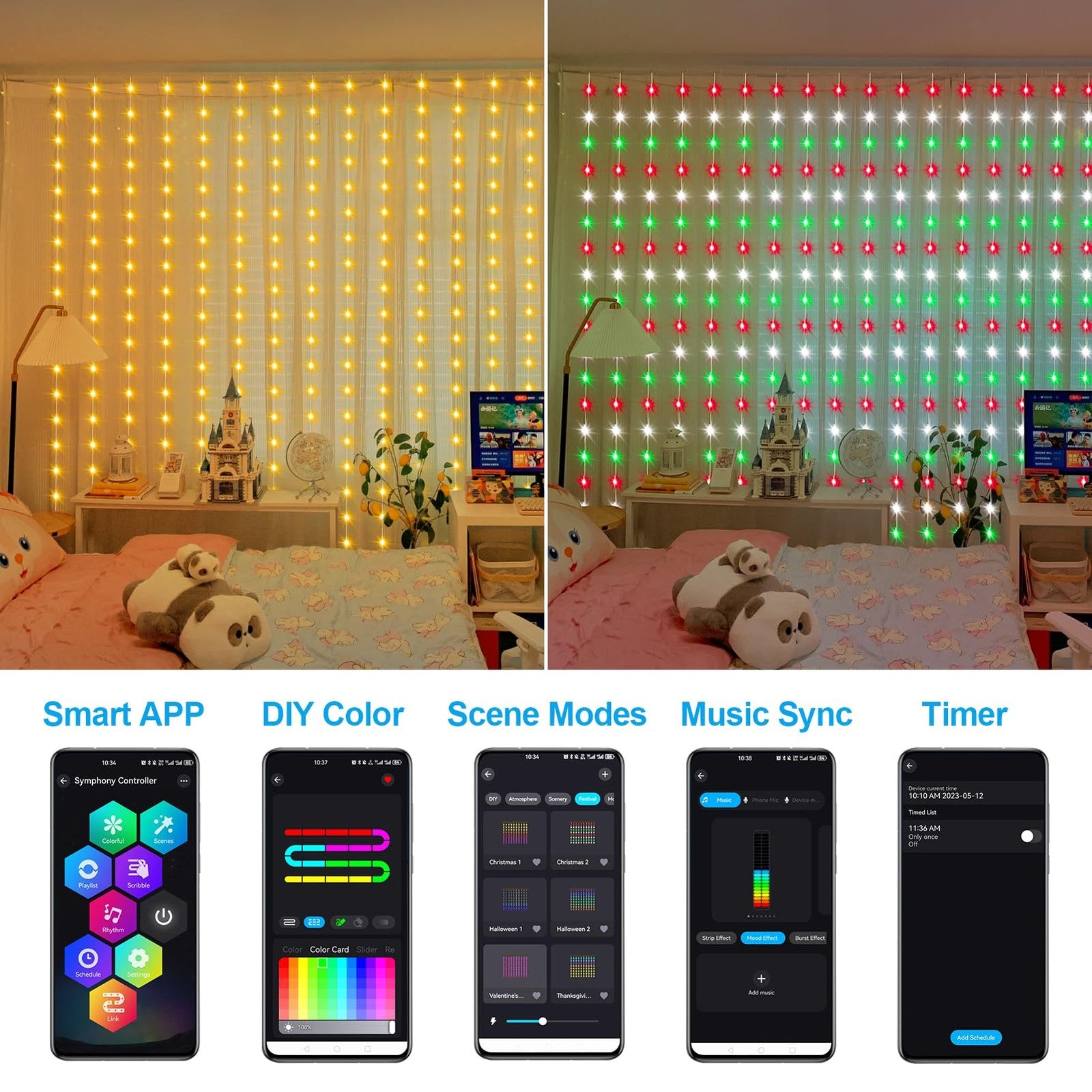 ZAIYW WiFi Smart RGB LED Curtain Lights displaying colorful lighting effects, 600 LEDs, compatible with smart home systems.