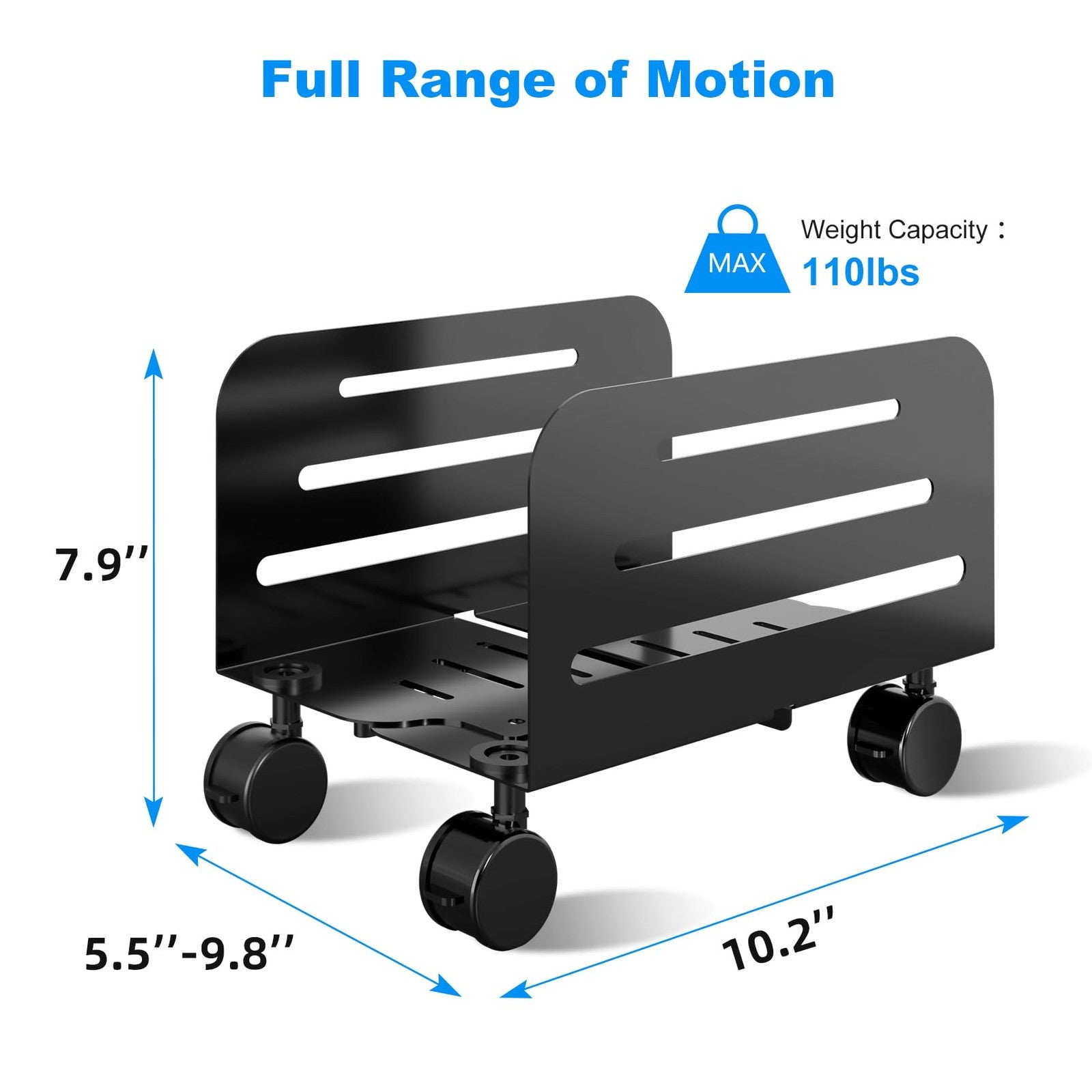 Suptek mobile CPU tower stand with adjustable height, rolling cart, and locking wheels for secure computer equipment placement.