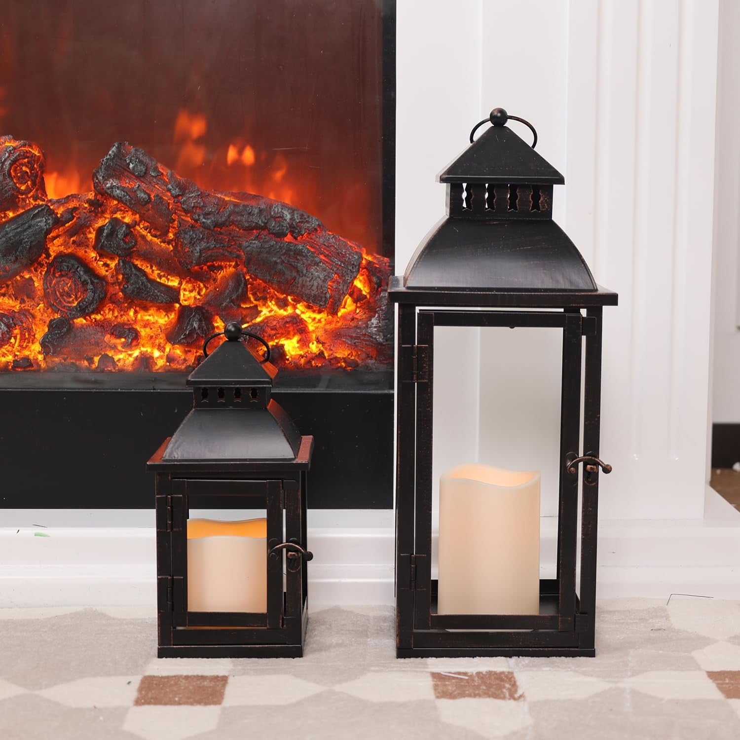 NEEDOMO LED lanterns set of 2 large bronze metal decorative lights for outdoor and indoor use, featuring rustic design and warm illumination.
