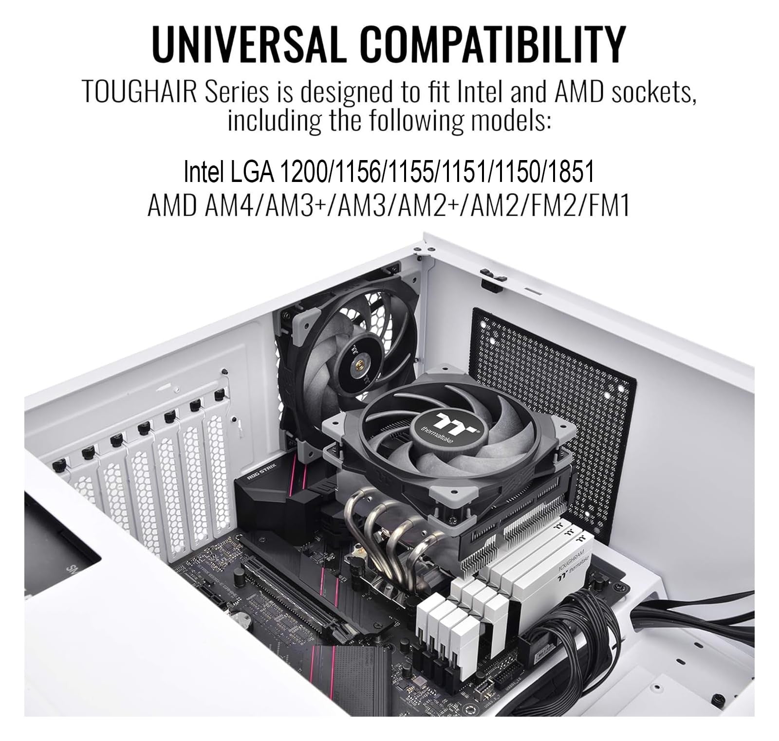 Thermaltake TOUGHAIR 110 CPU cooler with top flow design for Intel and AMD sockets, featuring heatsink and fan.