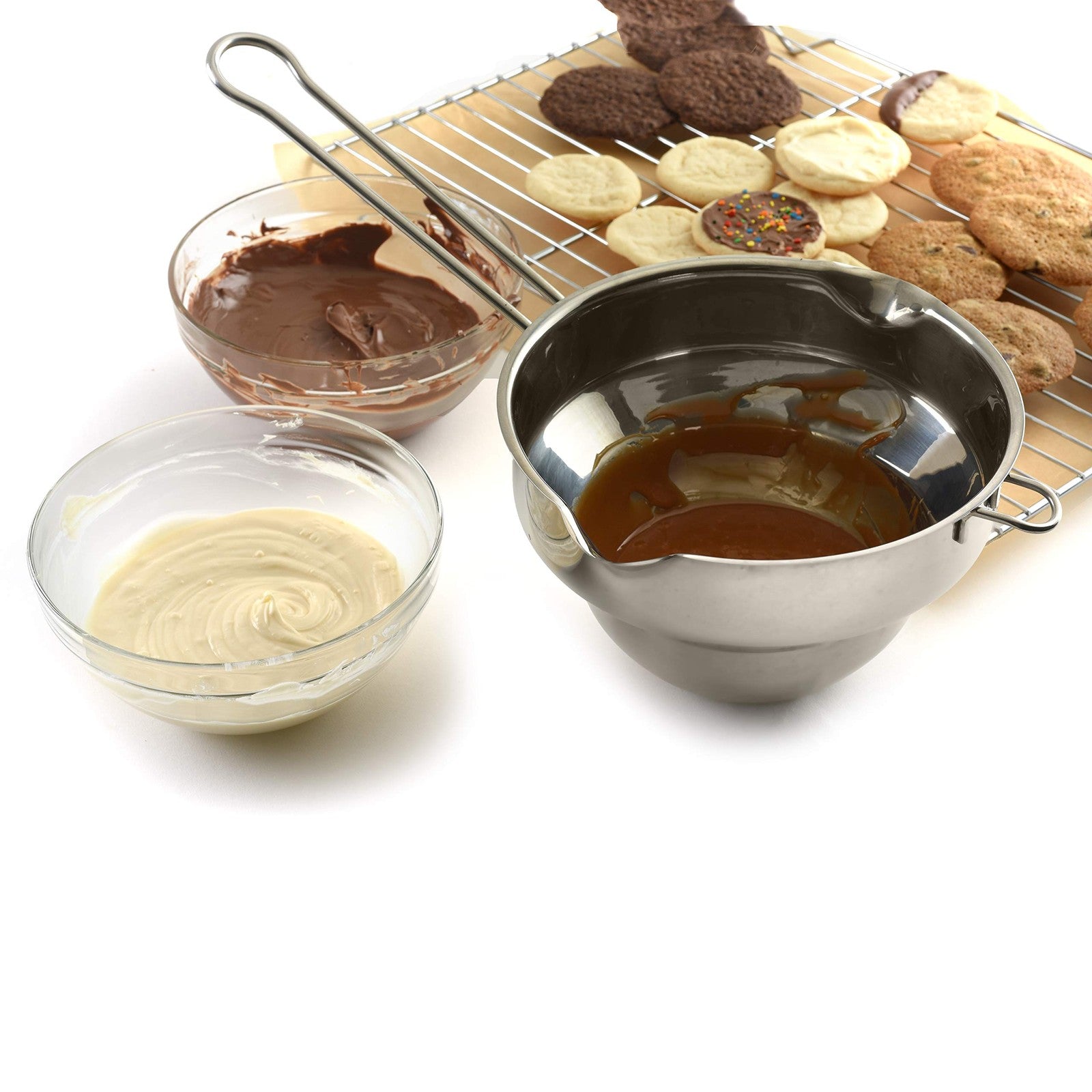 Norpro stainless steel double boiler with 3-quart capacity, featuring a dual pot design for gentle heating and cooking.