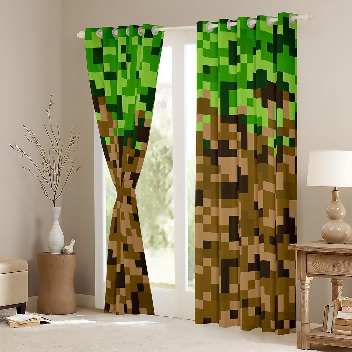 Castle Fairy Miners Style Square Grid Window Curtain in brown and green army camo pattern, suitable for kids' rooms.