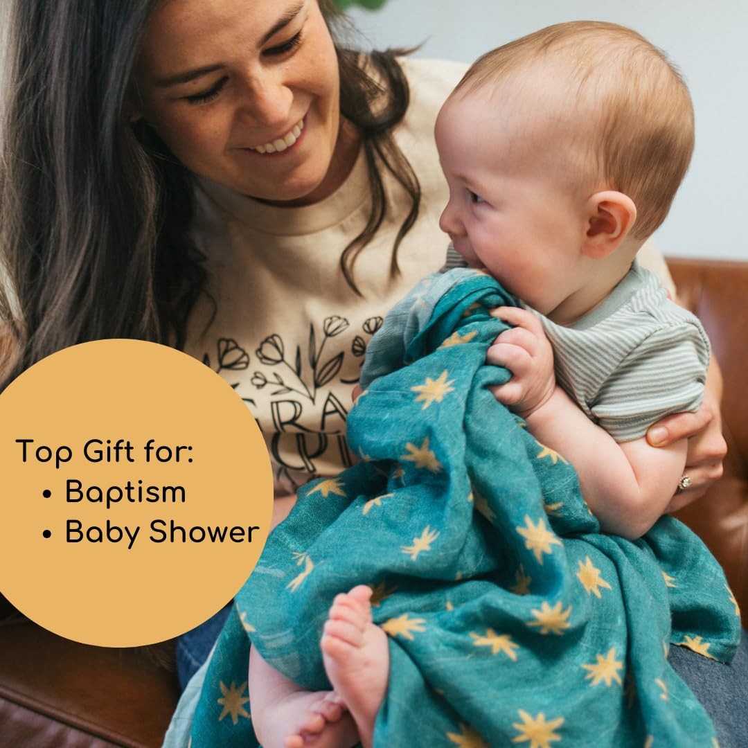 Soft luxury Our Lady of Guadalupe Catholic baby swaddle with Mary's mantle design, measuring 47x47 inches.