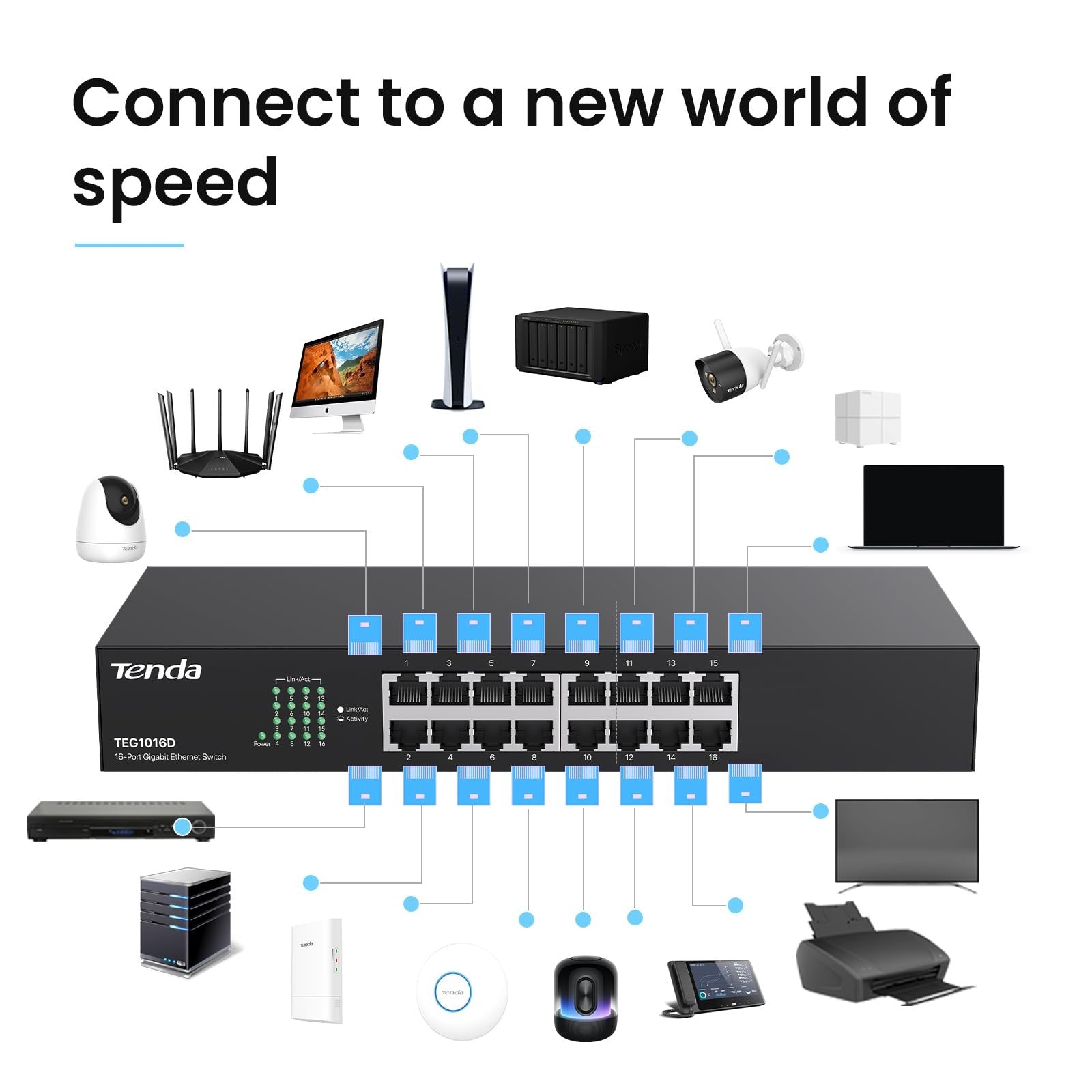 Tenda TEG1016D 16-port gigabit unmanaged desktop network switch with LED ports and Ethernet connections visible on the front.