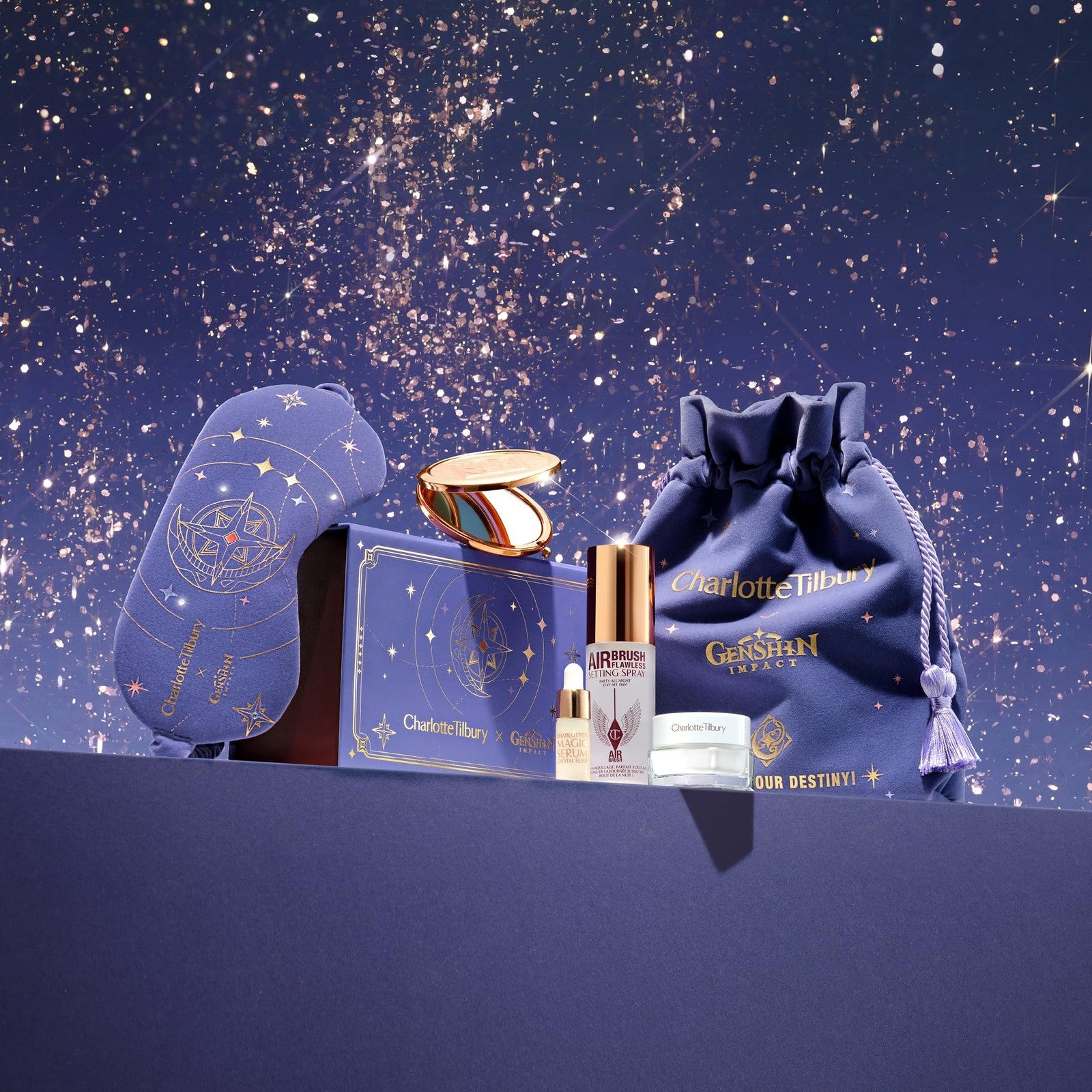 Charlotte Tilbury Genshin Impact Starfell Treasure travel size skincare kit with various small skincare products and packaging.