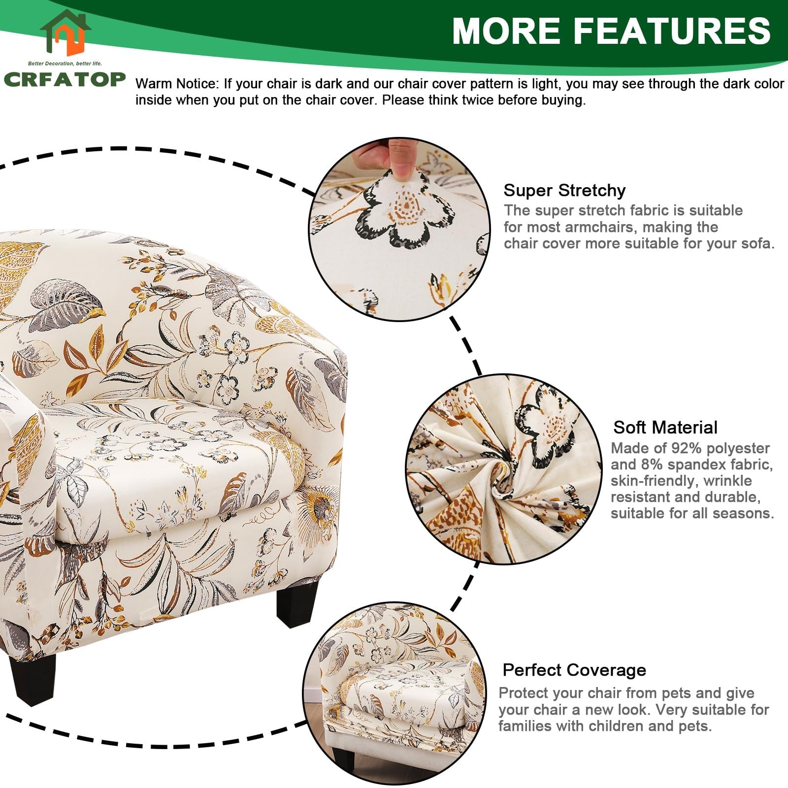 CRFATOP club chair slipcover with matching cushion cover, printed 2-piece tub chair set, protects and updates furniture.