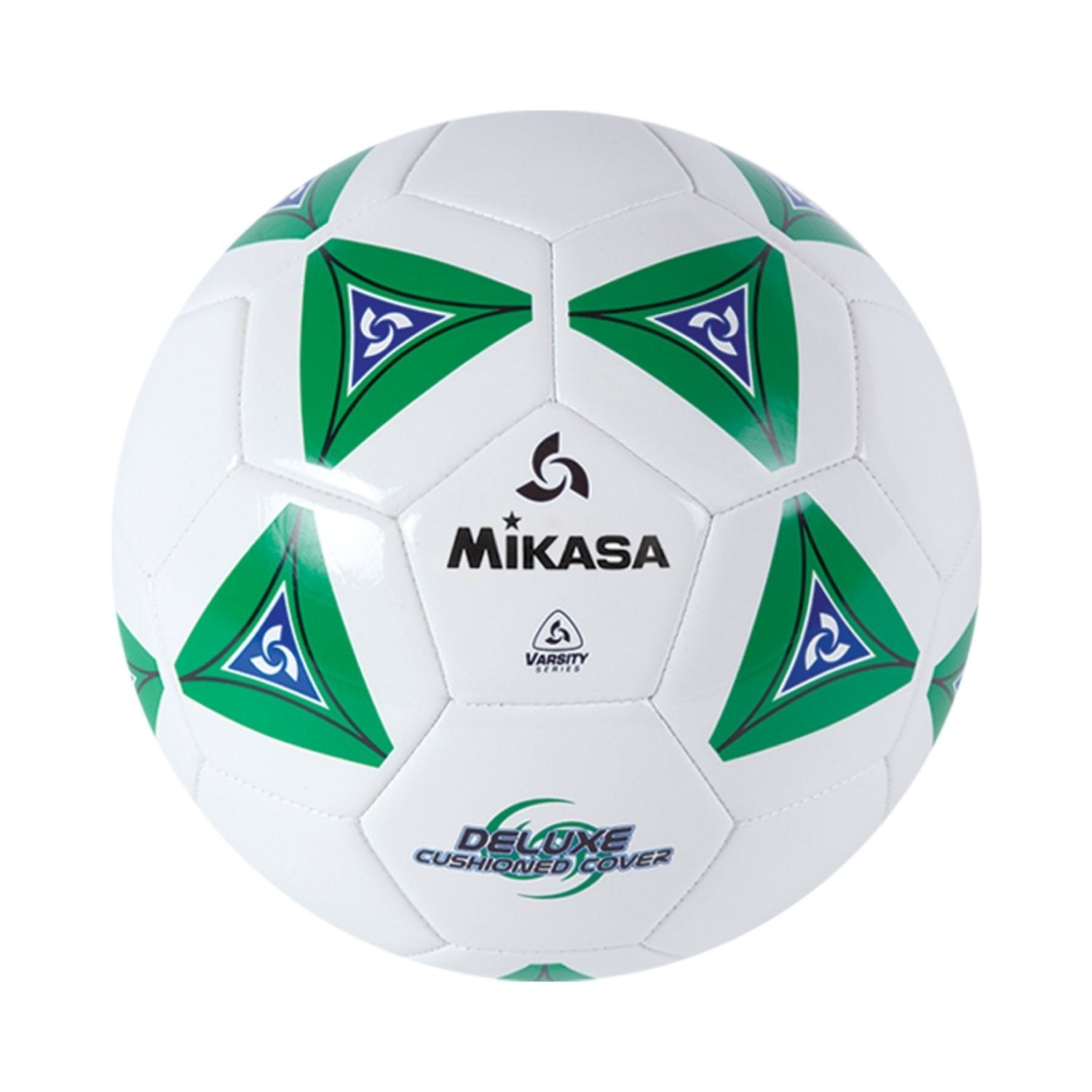 Mikasa Size 5 serious soccer ball with green and white panels, designed for outdoor play and training.