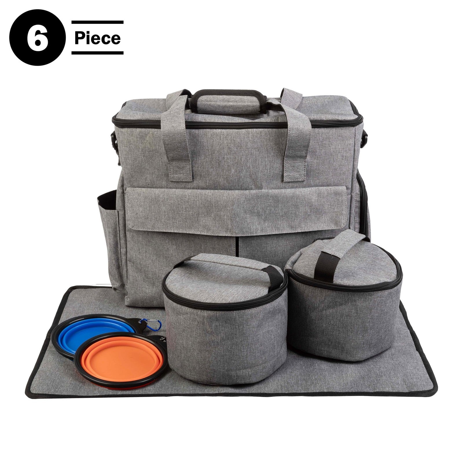 PETMAKER dog and cat travel bag with multiple pockets, food containers, and a mat for easy pet travel organization.