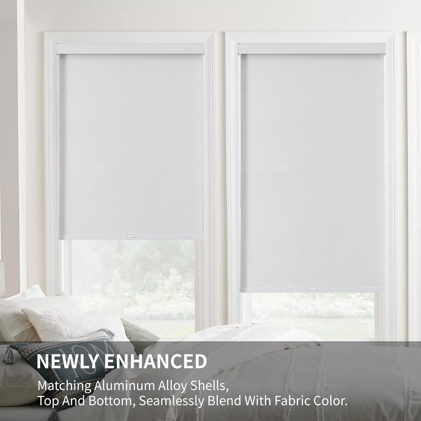 Joydeco blackout roller shades cordless window blinds in black, featuring a sleek design and free-stop mechanism for light control.