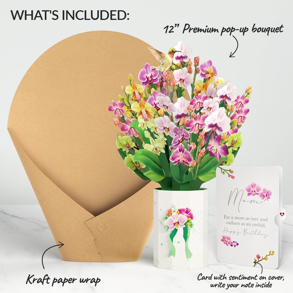 Lovepop birthday bouquet for mom featuring a 12-inch orchid arrangement with celebratory sentiment in a detailed paper craft design.