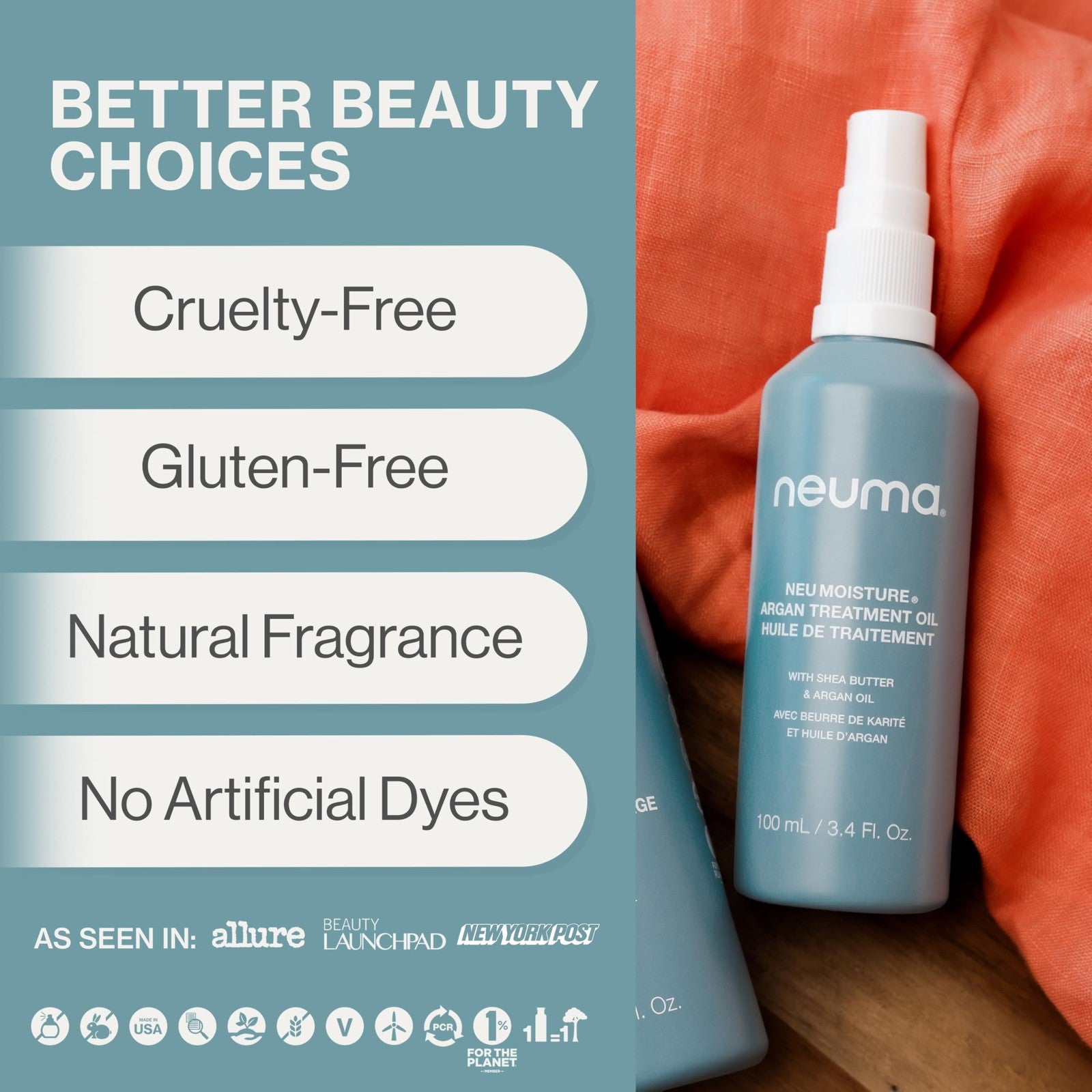 Neuma Neu Moisture Argan Treatment Oil bottle with dropper, designed for nourishing hair with argan oil.