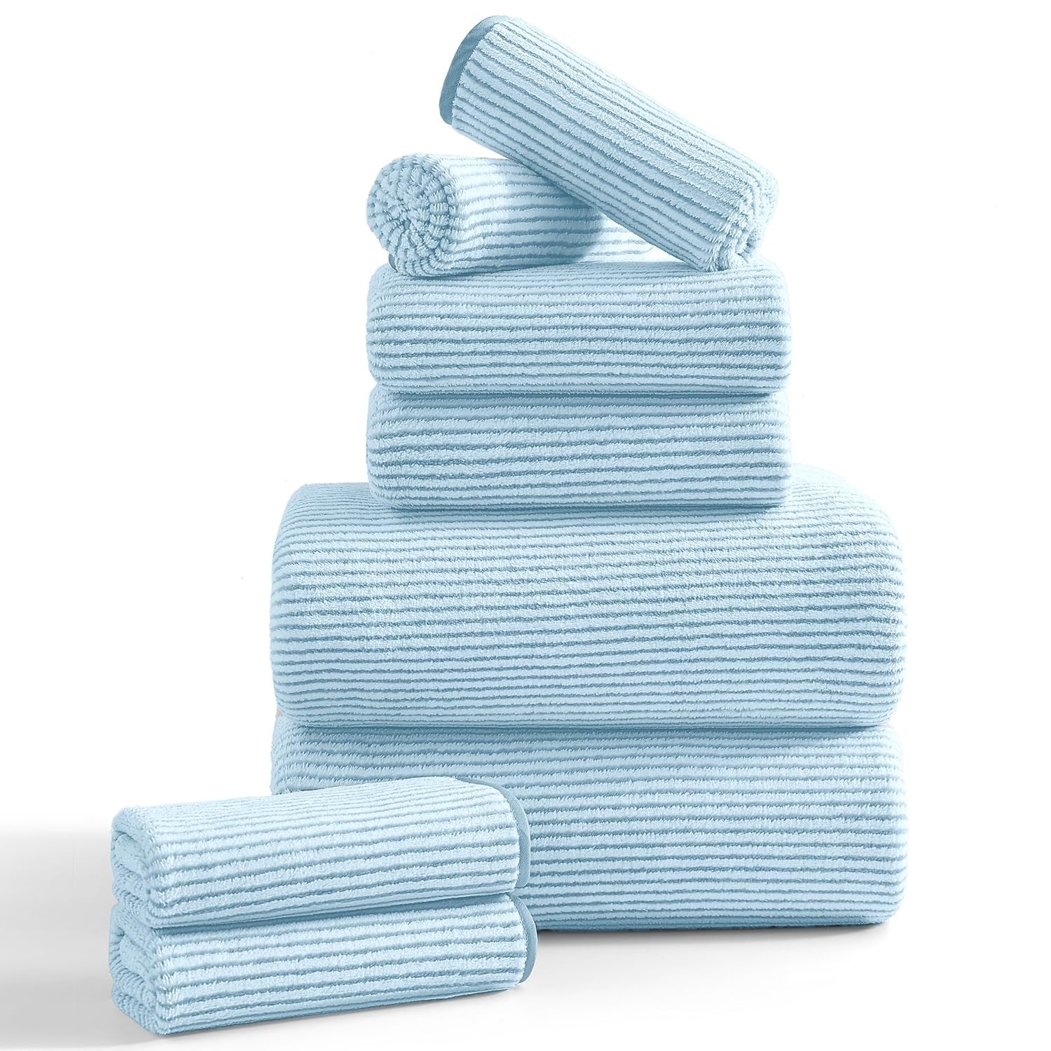 Jessy Home 8-piece microfiber towel set includes oversized bath sheets and hand towels for hotel-style bathroom use.