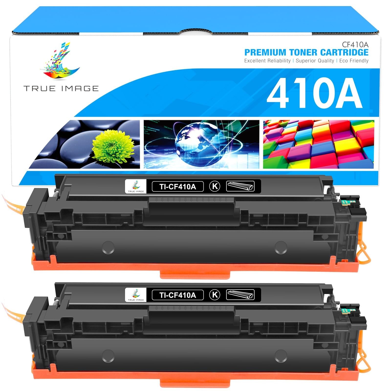 True Image compatible toner cartridge for HP 410A, CF410A, and CF410X, shown in black with packaging details.