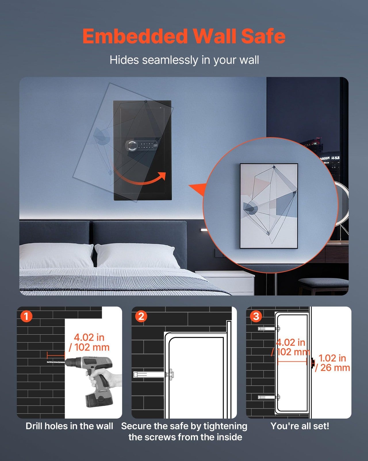 Vevor 25.6-inch high wall safe with 3-tier design, hidden wall mounted safe with digital keypad and key access, Q235 steel.