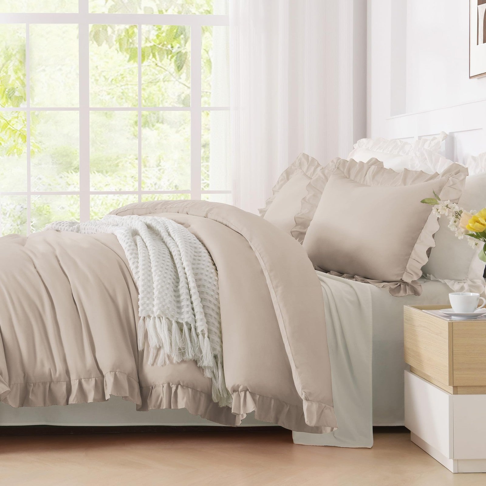 Andency khaki farmhouse comforter set with ruffled edges, including three pieces, in a shabby chic style.
